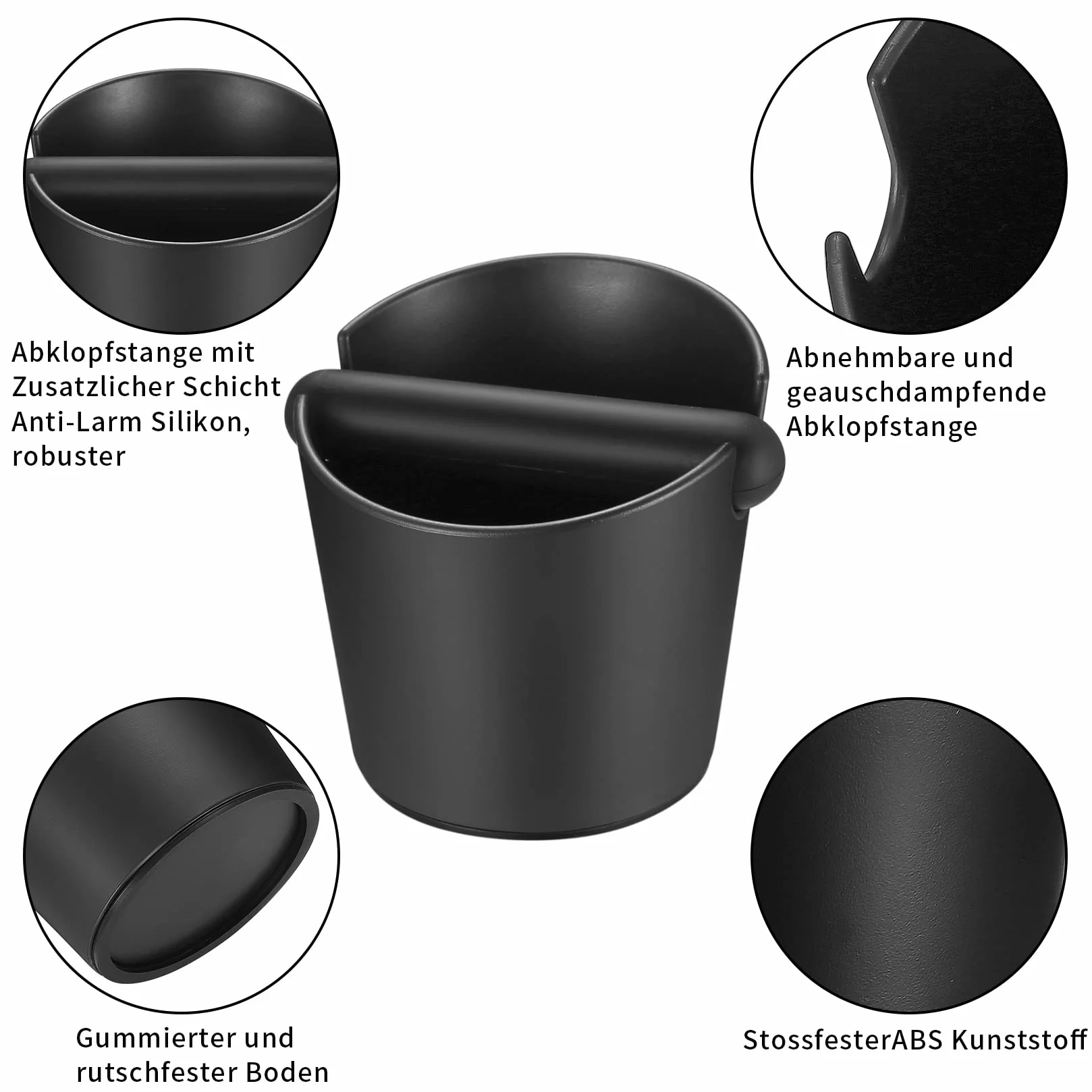 Caja para Posos de Café, Café Knock Box, Café Molido Recipiente, Cajon para Posos de Café Barista Plástico Negro con Barra de Golpe de Metal Extraíble