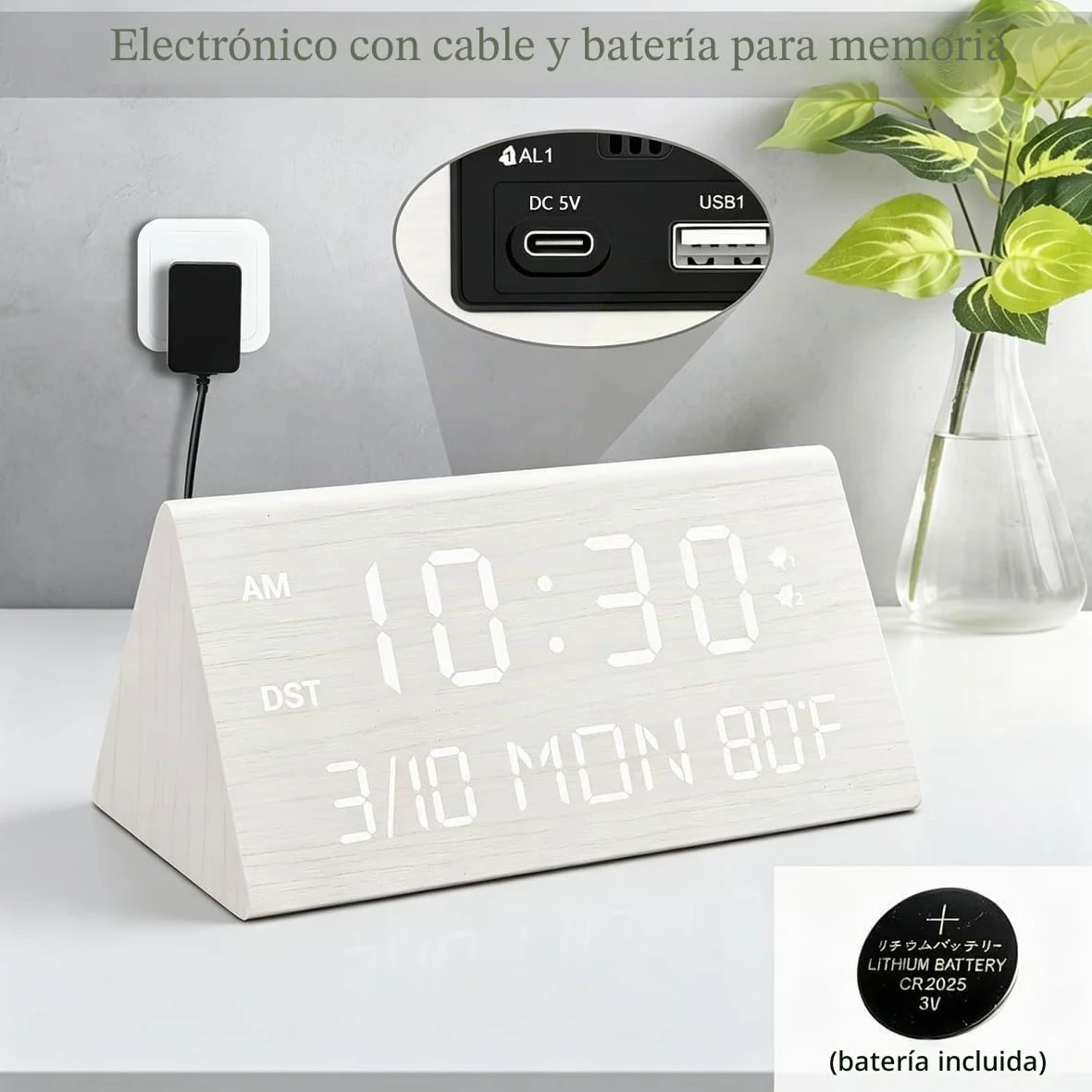Kogonee Reloj despertador digital de madera, 0100% de brillo y volumen, detección de temperatura, fecha, modo de día de semanafin de semana, doble alarma, 9 minutos de repetición, 1224H, reloj LED