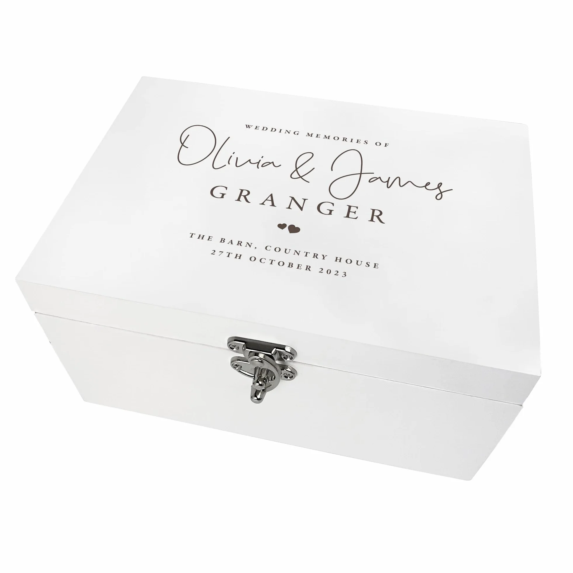 Caja de recuerdos de boda personalizada de madera blanca | Línea superior, nombres personalizados, apellidos, ubicación y fecha | regalo de boda | 30 cm x 23 cm x 18 cm