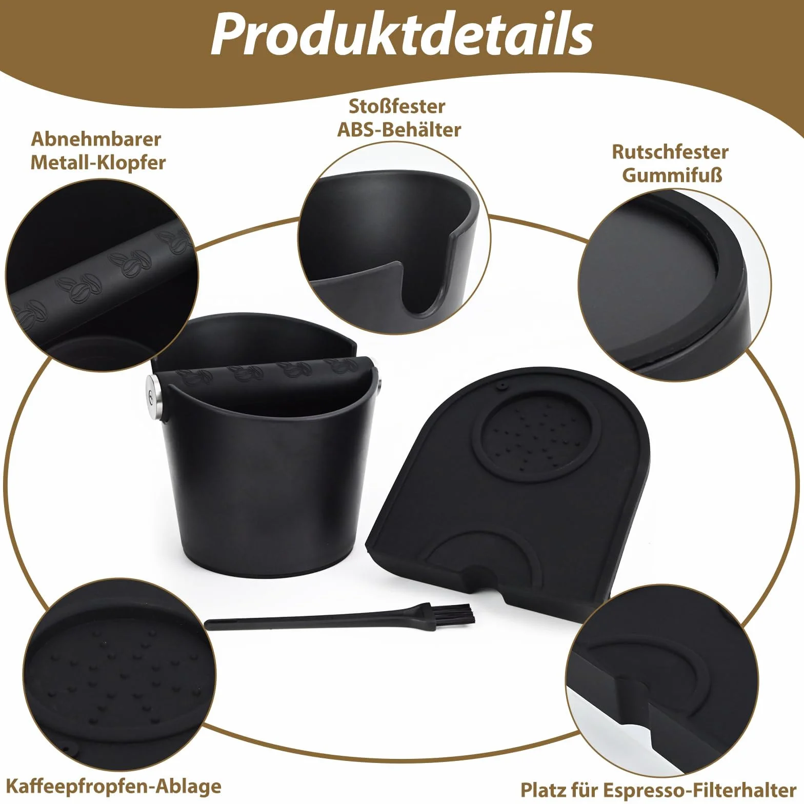 Coffee Knock Box, 12 x 12cm Cajon Posos Cafe, Caja para Posos de Café, Tapete de Prensado Antideslizante con Cepillo, Accesorio para Cocina y Cafetería, Negro