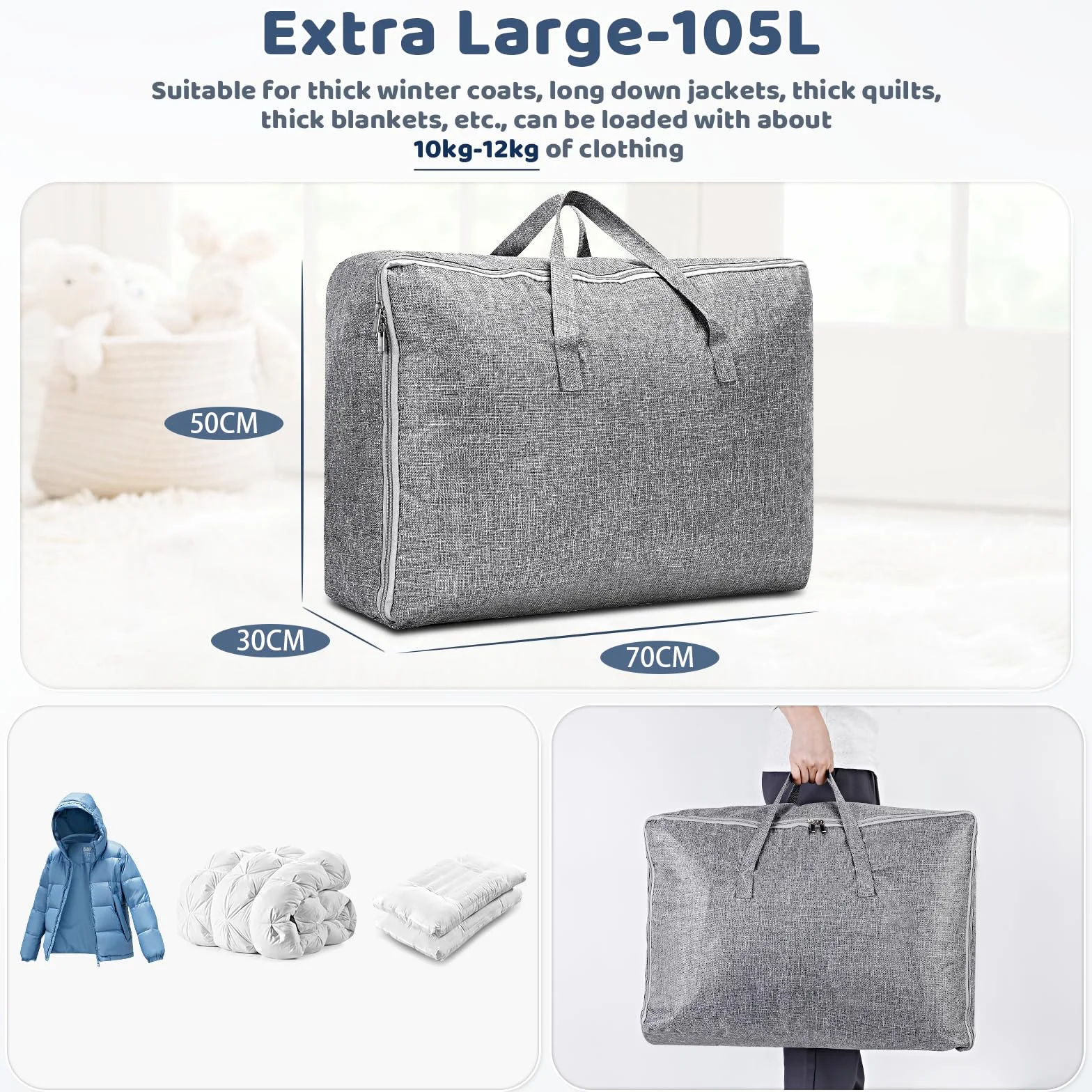 AiQInu Bolsa Almacenaje Ropa Grande 105L, Plegables Bajo Cama Bolsas para Guardar Ropa con Manillar, Impermeable Bolsa de Almacenamiento Ropa de Temporada, Edredones, Mantas, Moverse o Viajar