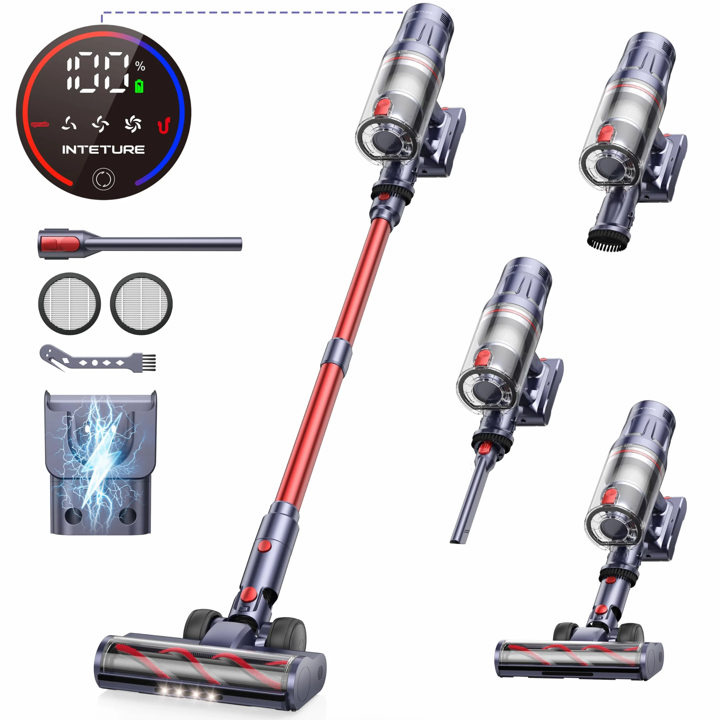 INTETURE Aspiradora sin Cable 45kPa/550w Escoba Estación de Carga en Pared Escoba Aspiradora sin Cable Pontente 60 Mins, Vertical Aspirador sin Cable con Pantalla Táctil Antienredo para Suelo/Alfombra