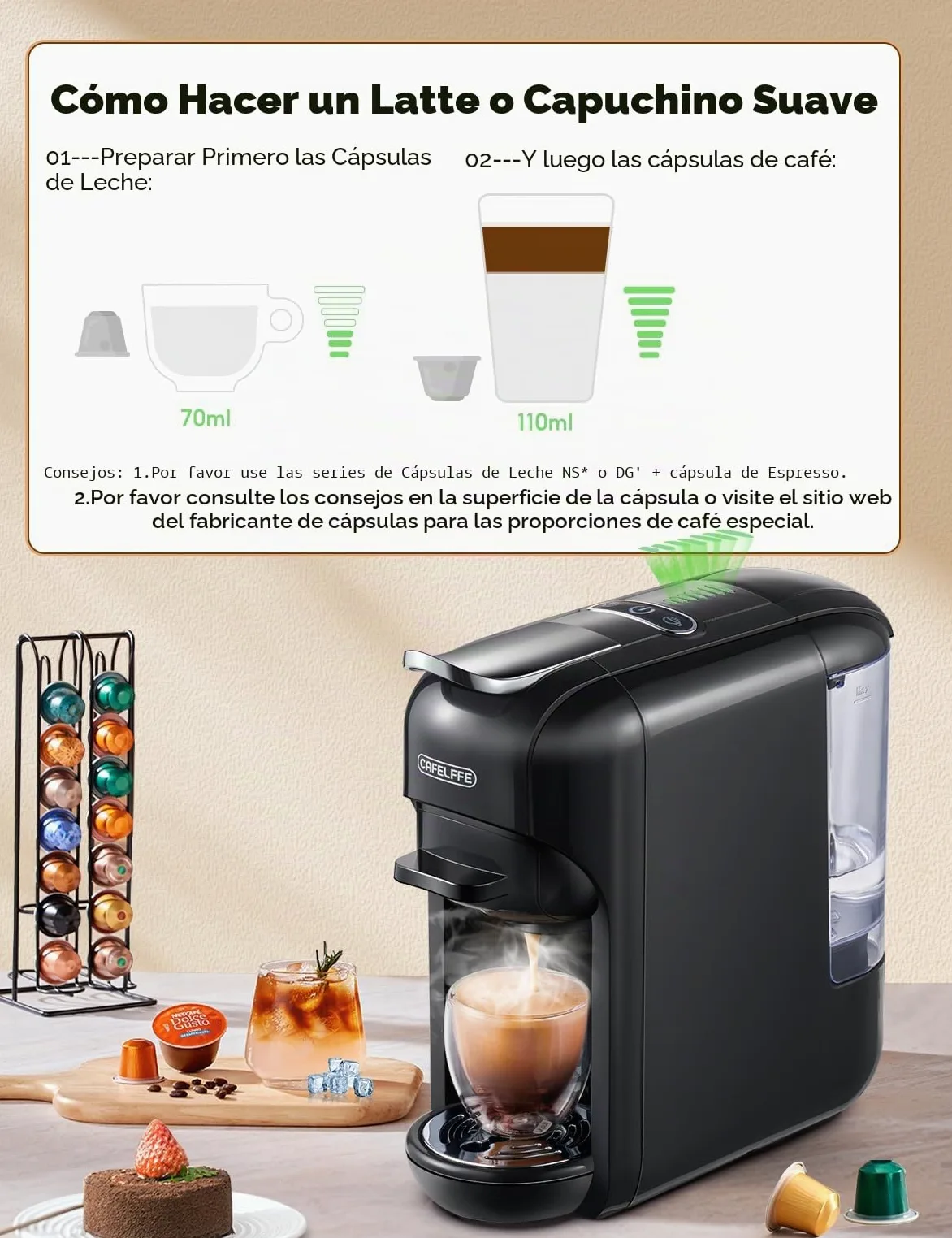 CAFELFFE Cafetera de cápsulas 5 en 1 MK-606 con volumen de café ajustable, preparación en frío/calor, 19 bares, para cápsulas Nes* Original, DG*, Kcup, ESE y café en polvo, 0,6 L, regalo