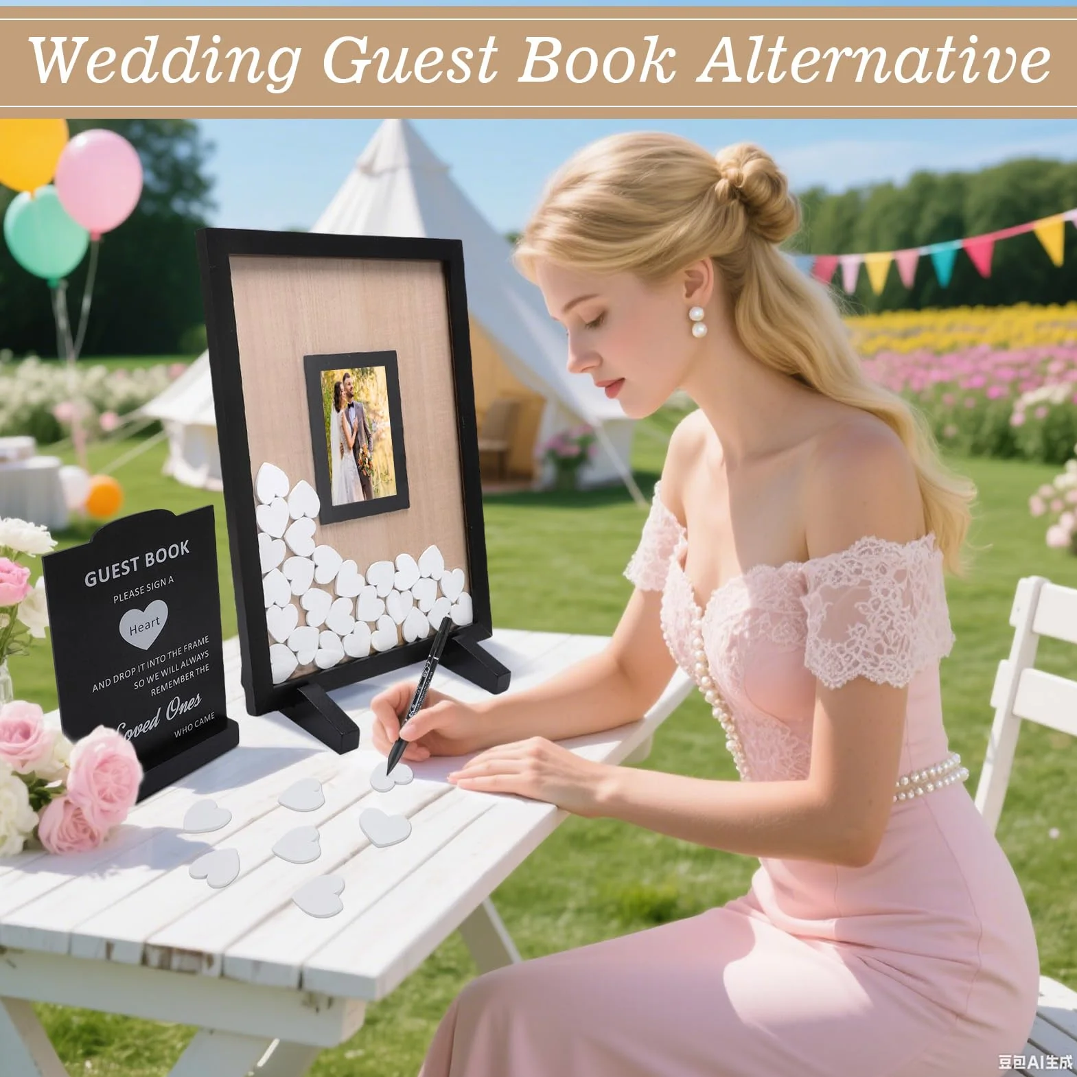 Gugxiom Libro de invitados de boda alternativo, libros de invitados de madera con 90 corazones, libros de invitados alternativa a la fiesta de cumpleaños de aniversario de la boda del bebé