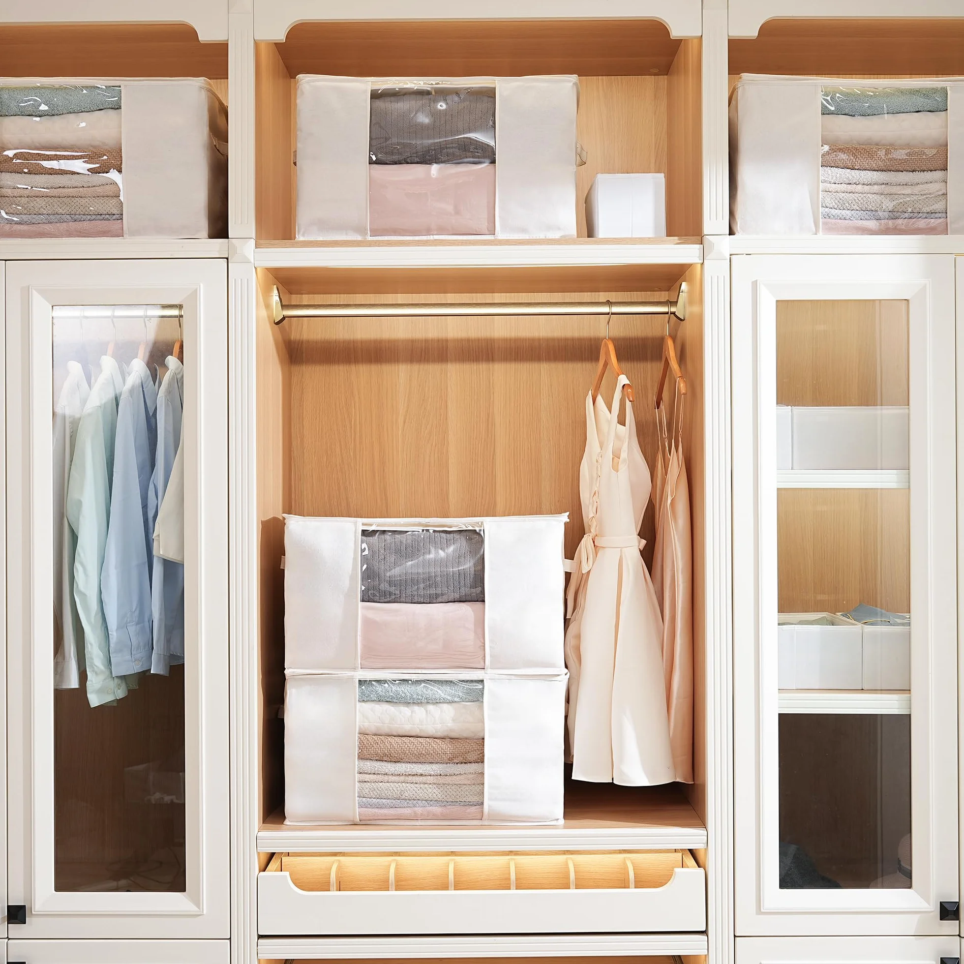 TYEERS Bolsas de Almacenaje de Tela Mezclada con Algodón, con Cremallera y Ventana Transparente, Organizador Armario para Ropa de Temporada y Ropa de Cama, 60x40x35 cm, Paquete de 2, Beige