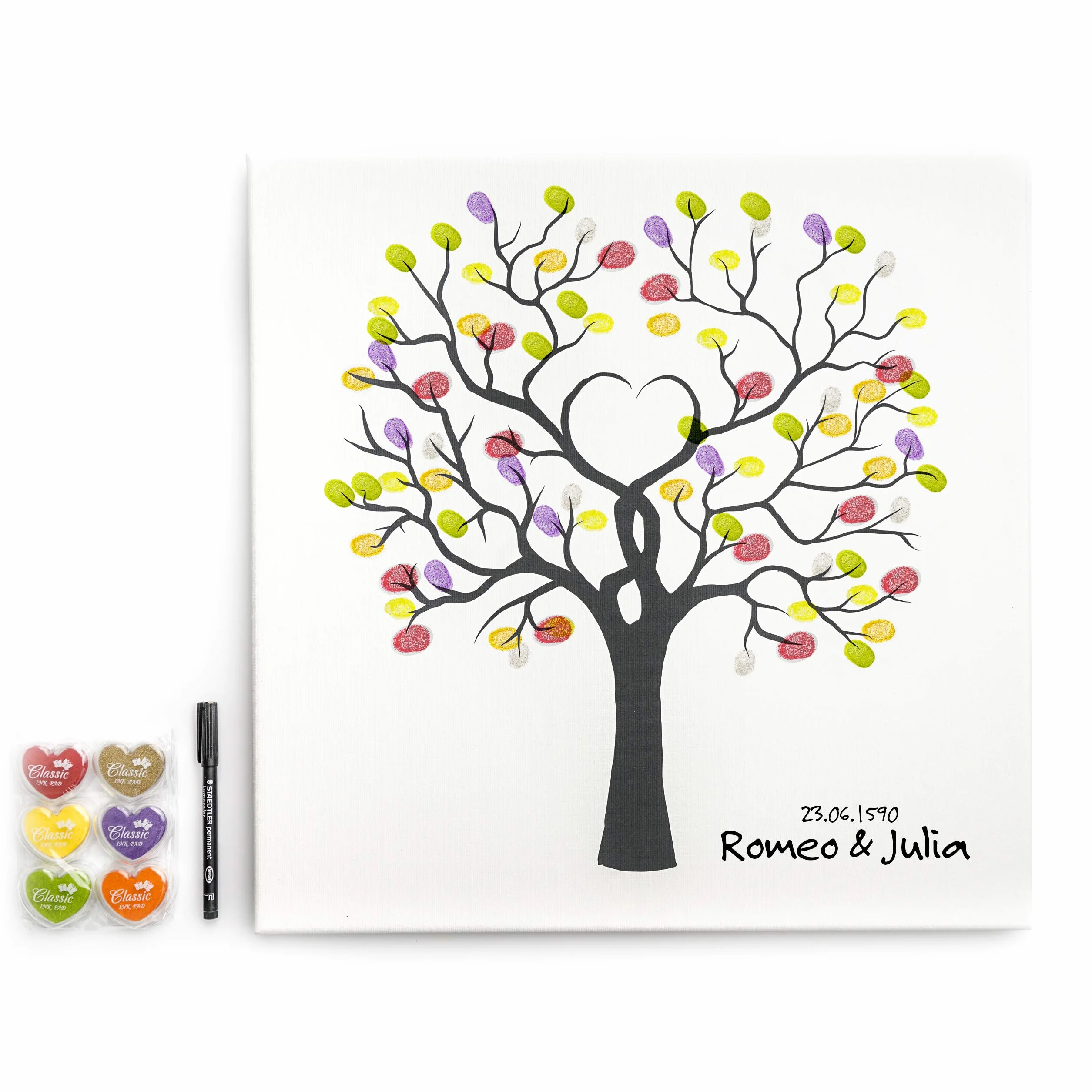 Lienzo para huellas dactilares, bricolaje, bodas, aniversarios, fiestas familiares, fiestas, cumpleaños como libro de visitas, incluye almohadilla de tinta y bolígrafo, diseño de árbol de