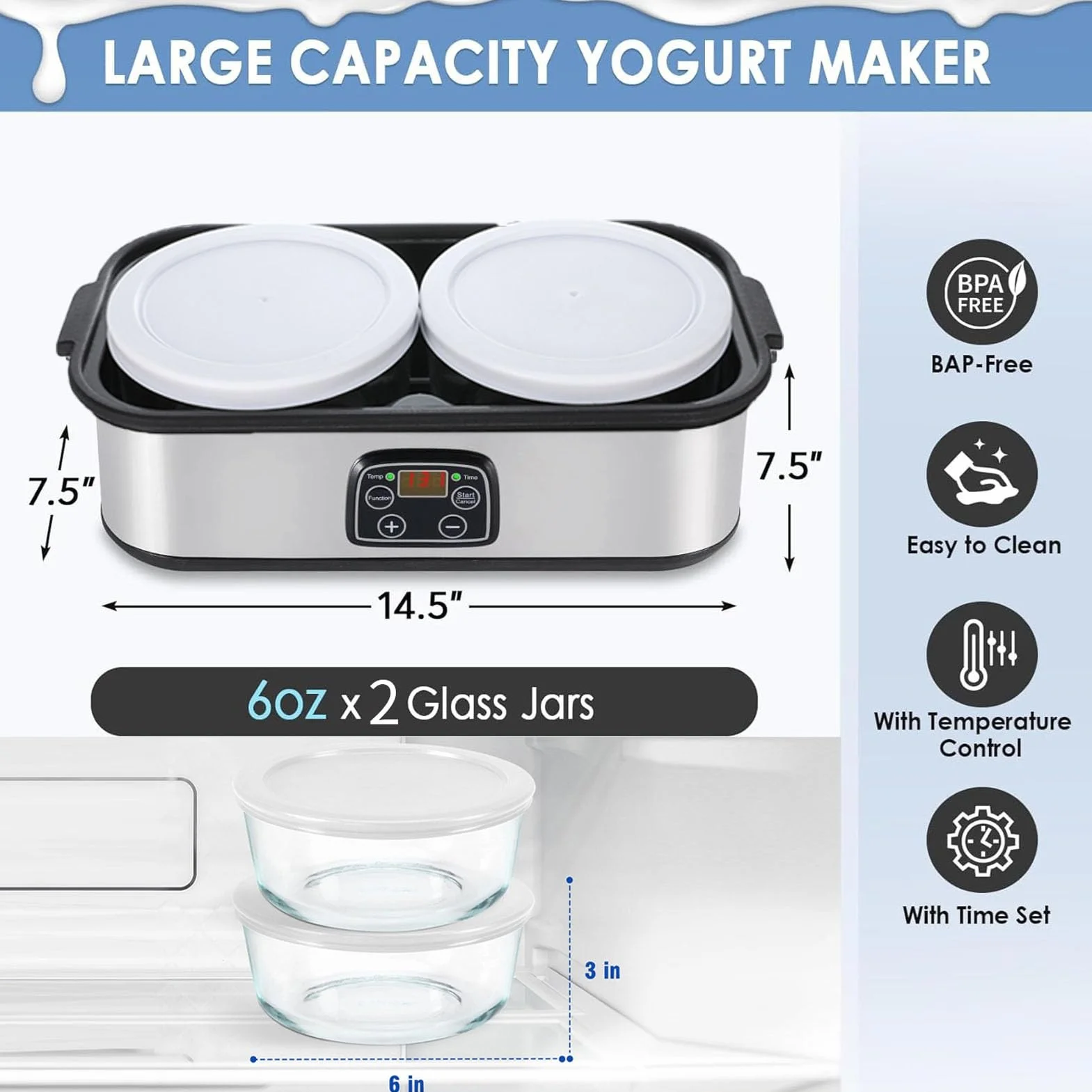 TOPINCN 2L Máquina de Fabricantes de Yogurt Automático, Temporizador de 0 a 48 Horas, Fabricantes de Yogures de Acero Inoxidable con Temperatura Ajustable (EU enchufe 220V)