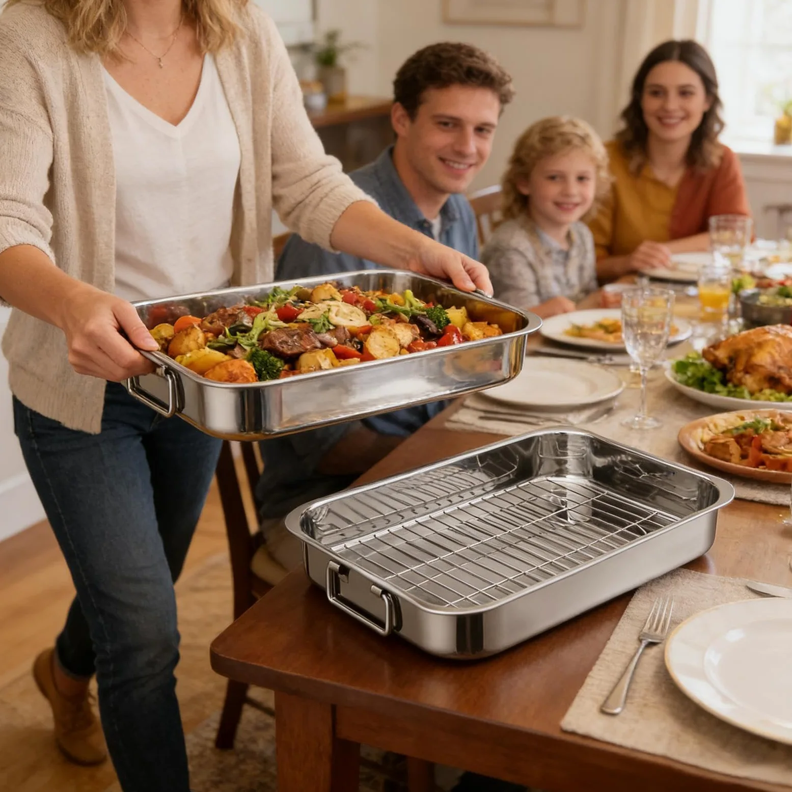 Bandeja para utensilios de cocina de acero inoxidable | Asador De Horno De Metal Para Cena De Acción de Gracias Familia Pollo Jamón Reuniones