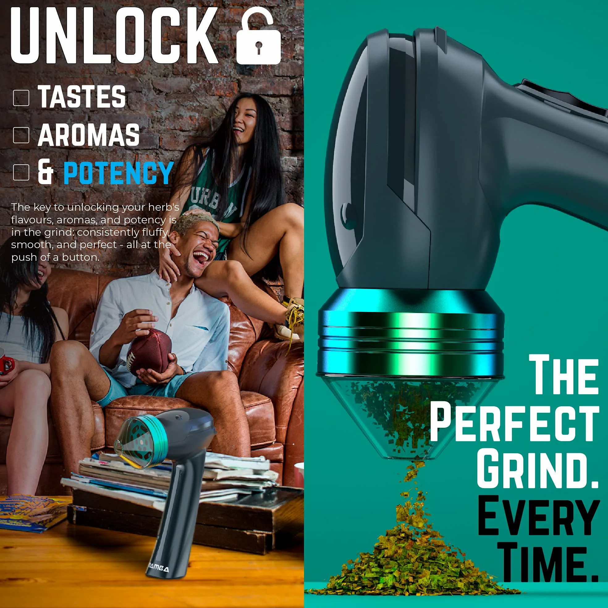 Mamba 1g 50mm Molinillo de Hierbas Eléctrico. Batería de Li-ion recargable por USB para una molienda rápida con una sola mano. Interruptor basculante en dos direcciones para la trituración eficaz