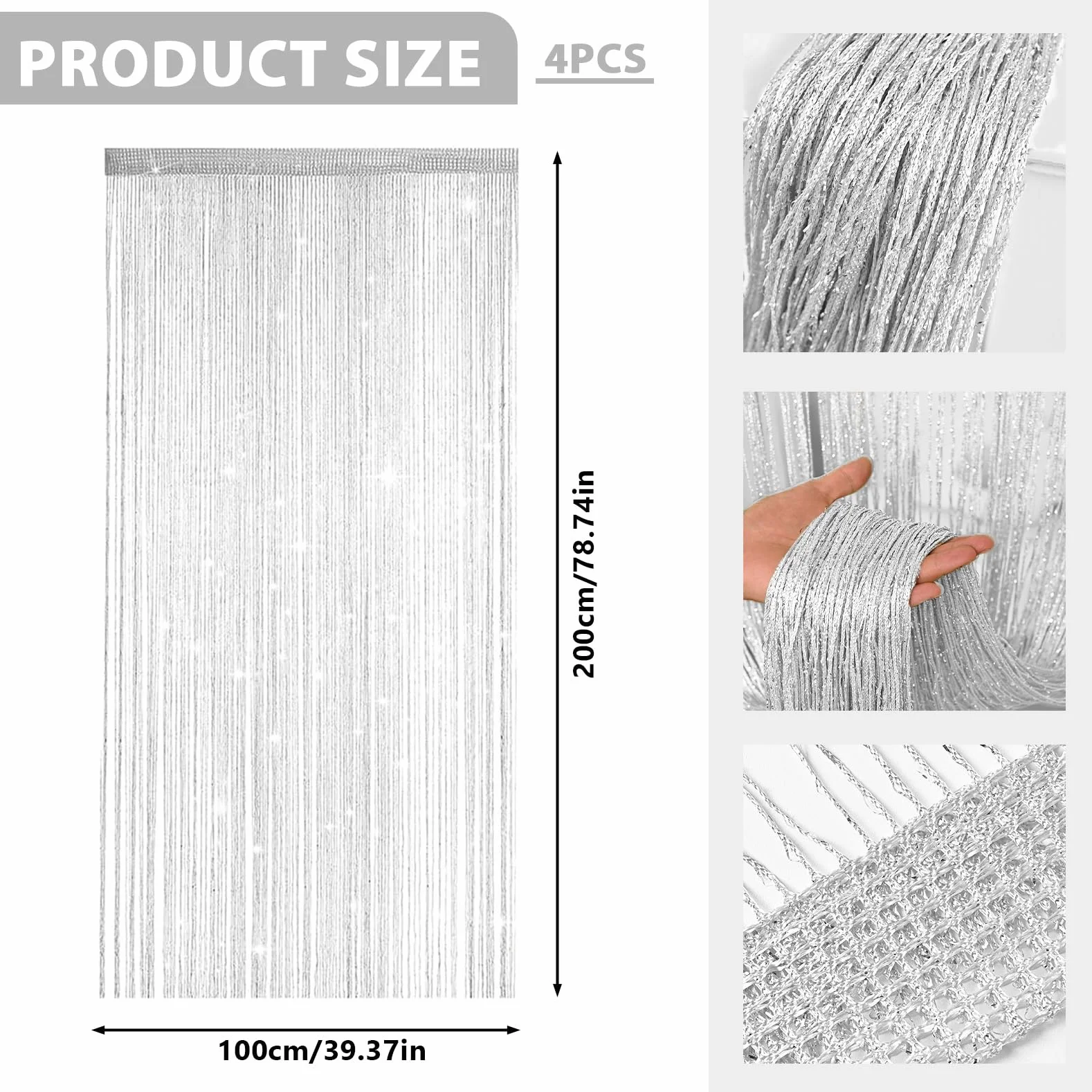 Juego de 4 cortinas de hilos con purpurina, 100 x 200 cm, para puertas y separadores de habitaciones, para bodas, cafetería y balcón, protección contra insectos y decoración en uno (blanco)