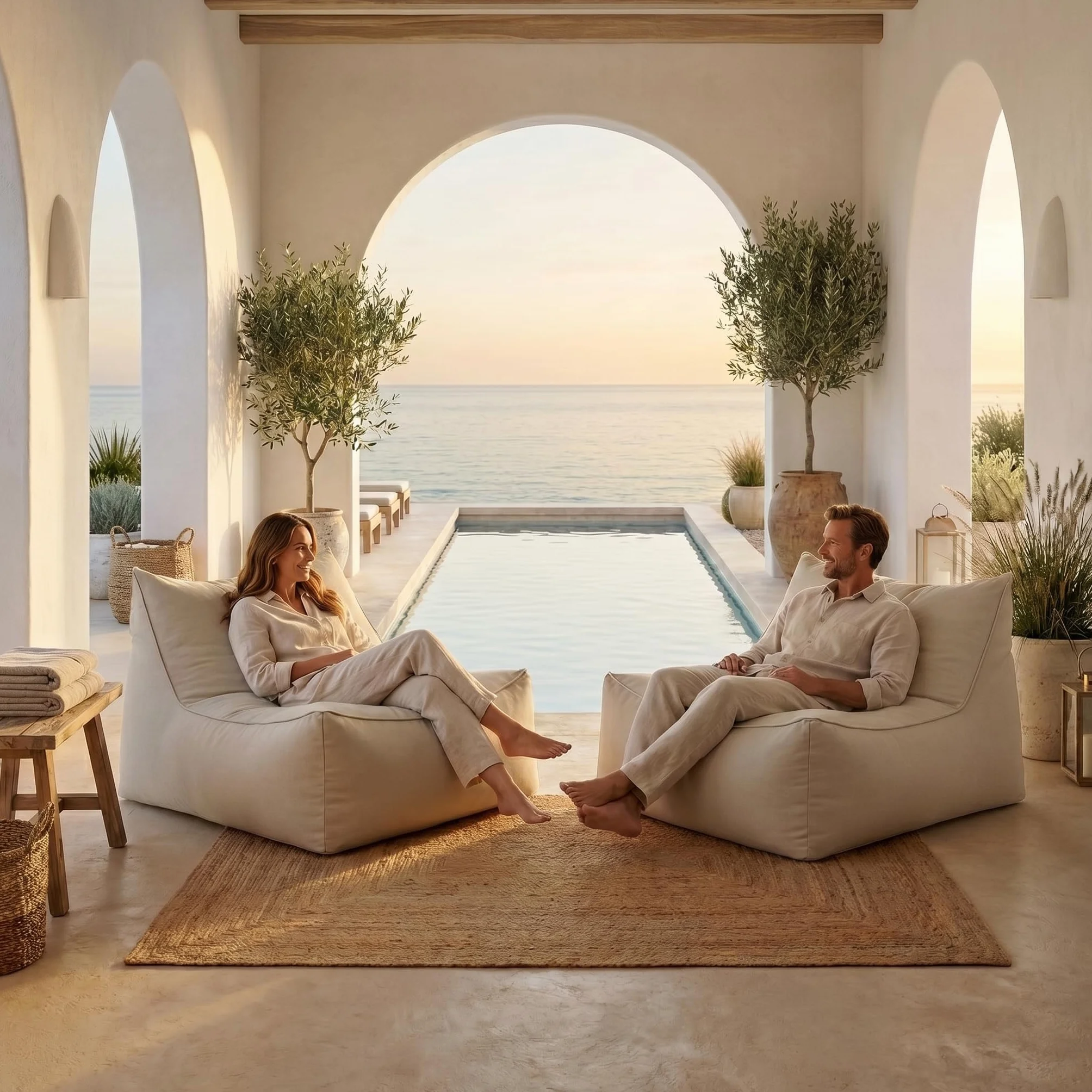 Aiire Puff Exterior Jardín Moderno - Sillón Puf con Relleno Incluido para Piscina, Terraza o Salón - Tejido Premium Resistente al Agua y Rayos UV - Bean Bag Chair de Lujo XXL Beige