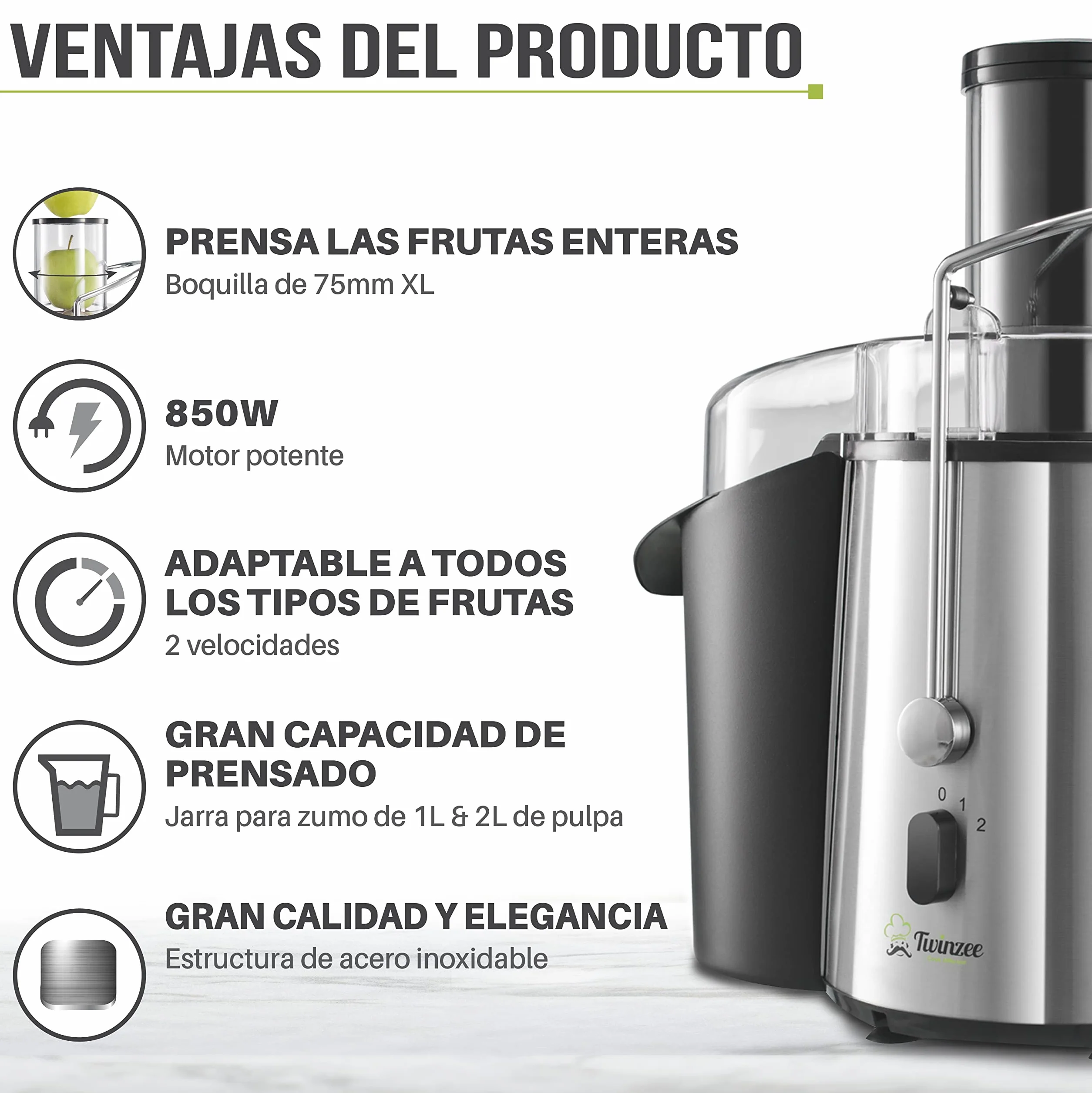 Licuadoras Gran Potencia (850 W) y 2 Velocidades - Exprimidor Zumo Gran Apertura (75 mm), Patas Antideslizantes - Juicer Extractor de Jugo de Verduras y Frutas