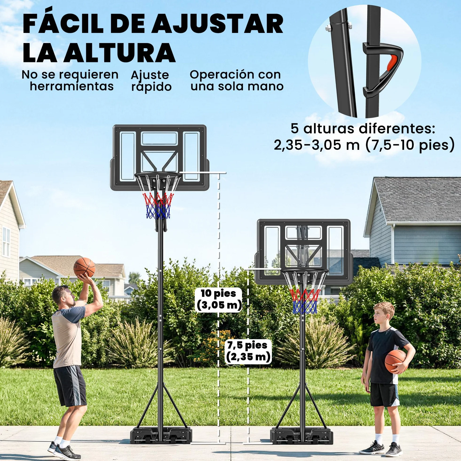 SPORTNOW Canasta de Baloncesto Exterior Altura Ajustable 5 Niveles 235-305 cm Portátil con Ruedas Base Rellenable