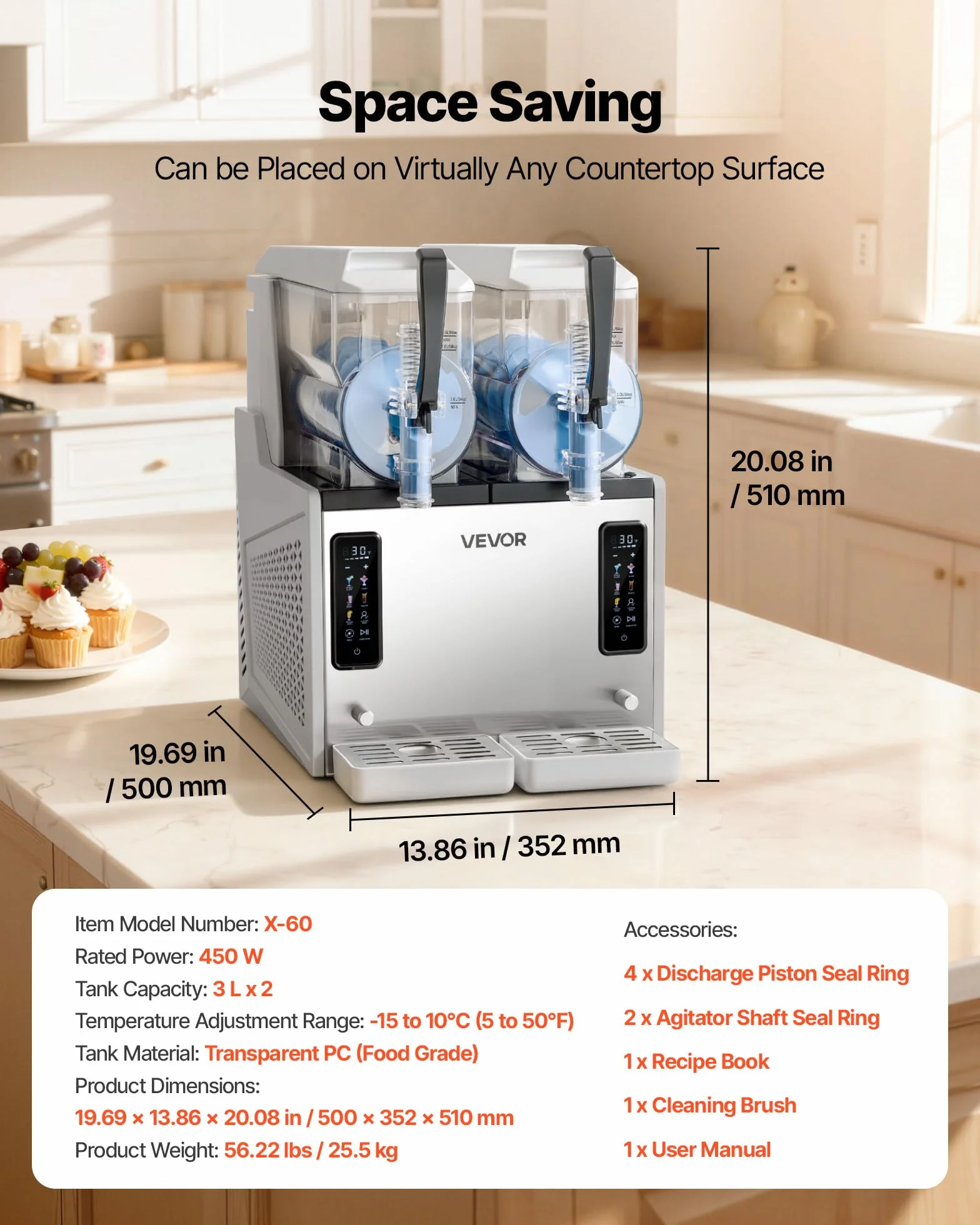 VEVOR Máquina para Hacer Granizados con 2 Tanques de 3 L, Máquina de Granizado de Hielo para Hogar, sin Necesidad de Hielo, 5 Programas Preestablecidos, para Hacer Margaritas, Frappés, Batidos