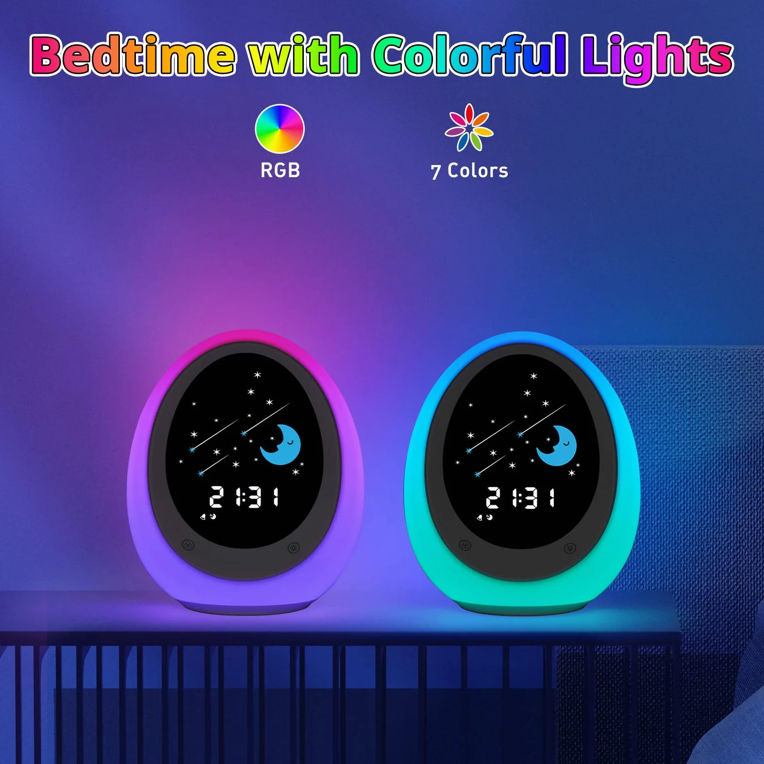 Reloj despertador para niños, reloj de entrenamiento para dormir con sol y luna, máquina de sonido, luz nocturna, reloj despertador para niños