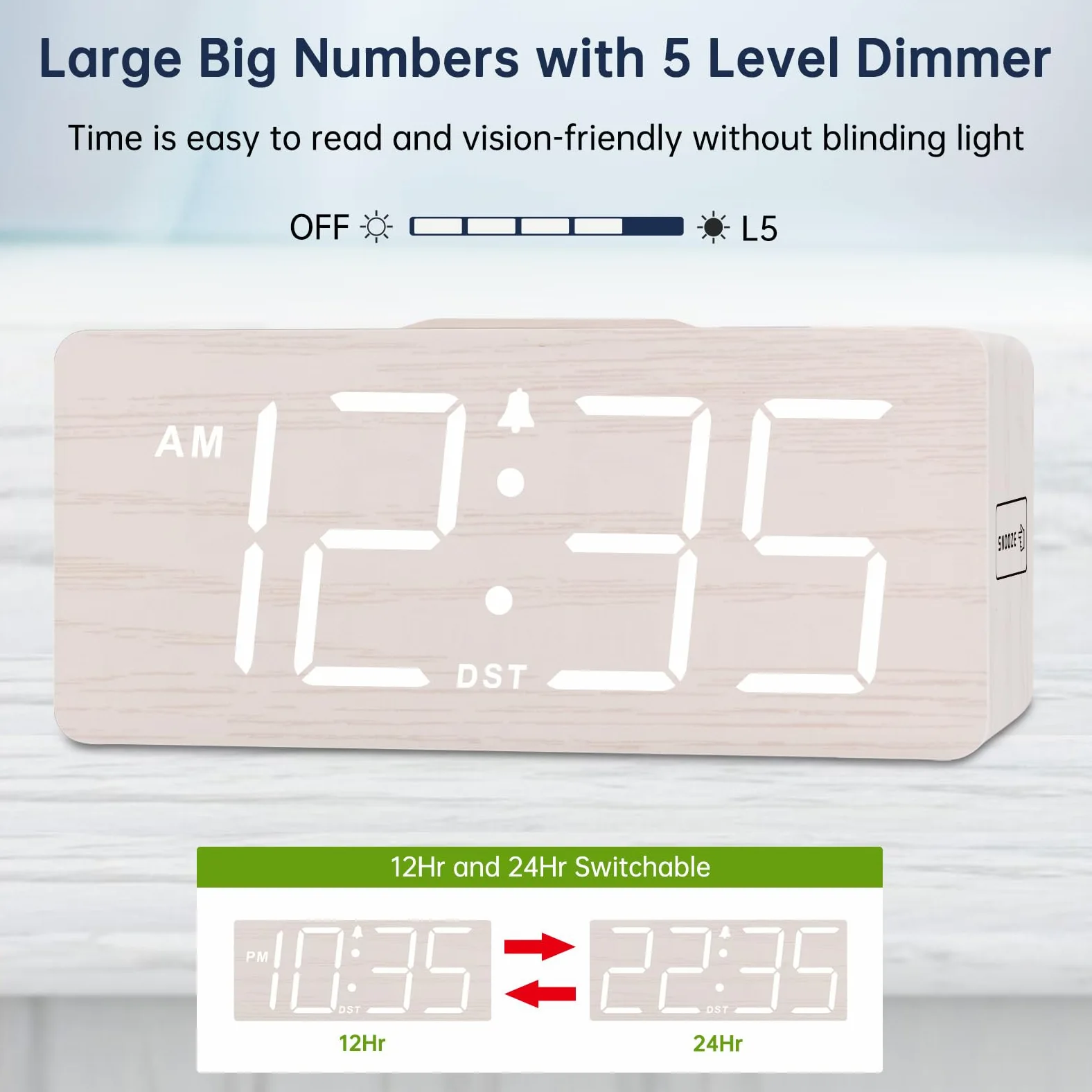 DreamSky Reloj despertador digital de madera con carga inalámbrica, mesita de noche con estación de carga, conexión USB, números grandes, volumen ajustable, atenuador de brillo, DST