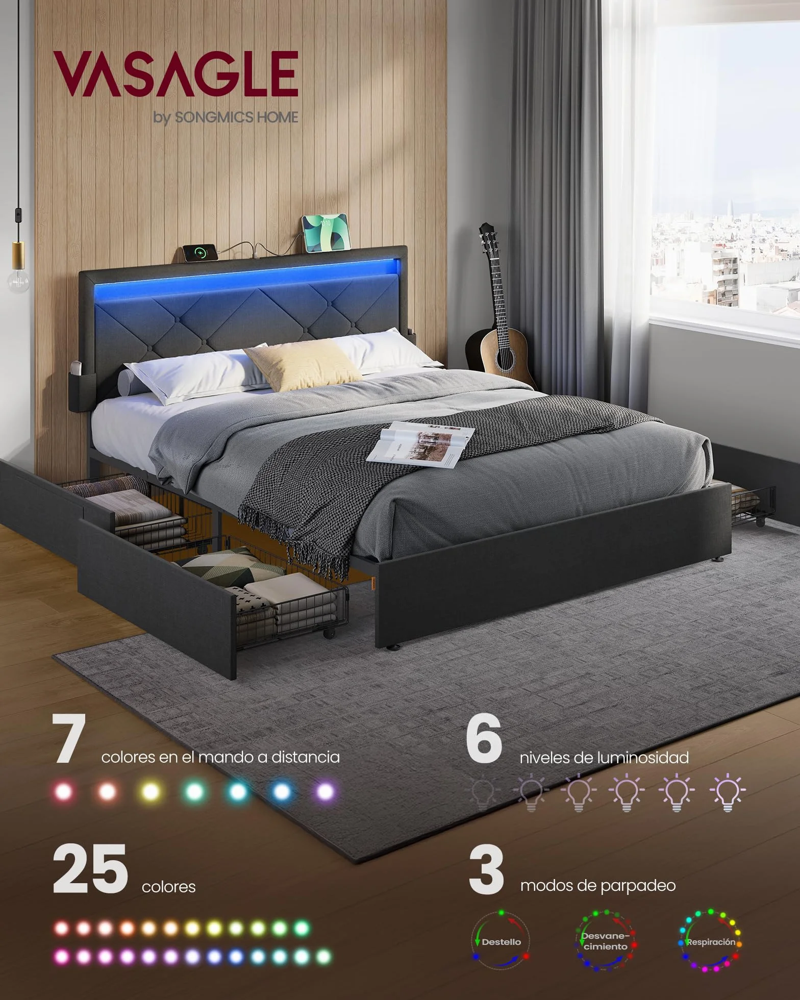 VASAGLE Marco de Cama Matrimonio, Base con Listones, 140 x 200 cm, LED, Metal, 4 Cajones, Estación de Carga, Cabecero Acolchado Ajustable, Gris Pizarra RMB827G02