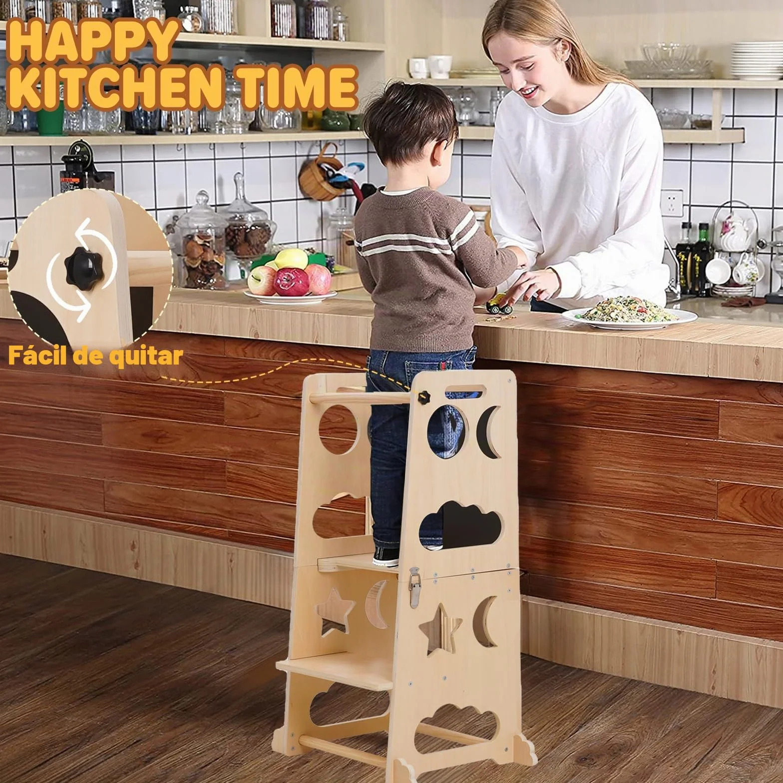 Torre de Aprendizaje Montessori, Torre de Aprendizaje 3 en 1, Taburete Plegable con Pizarra, para Niños de Madera, Taburete de Cocina Auxiliar para Niños, Adecuado para Mesa de Cocina y Baño