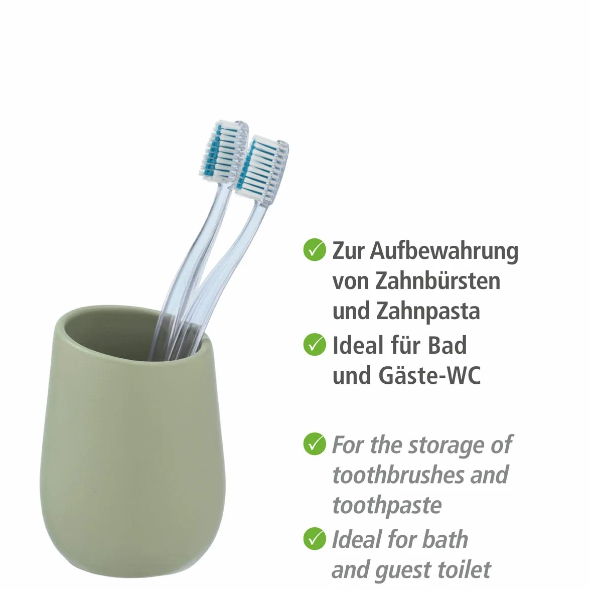 WENKO Vaso higiene dental Badi cerde suave cerámica - Soporte para cepillos de dientes, para cepillos y pasta de dientes, Cerámica, 8 x 11 x 8 cm, Verde