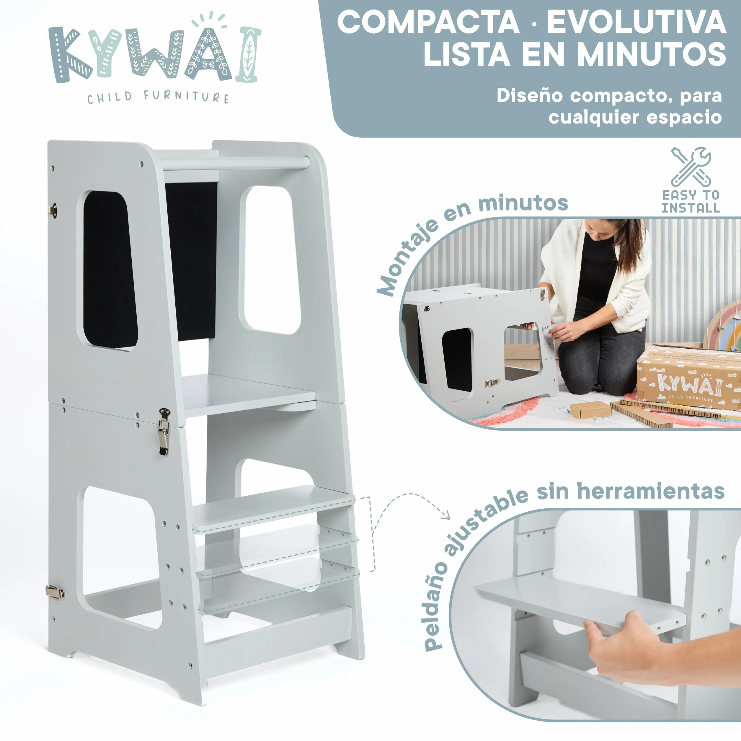 Torre de Aprendizaje Plegable Madera Premium 3 en 1 Convertible Mesa y Silla Escalón Ajustable Gris Perla
