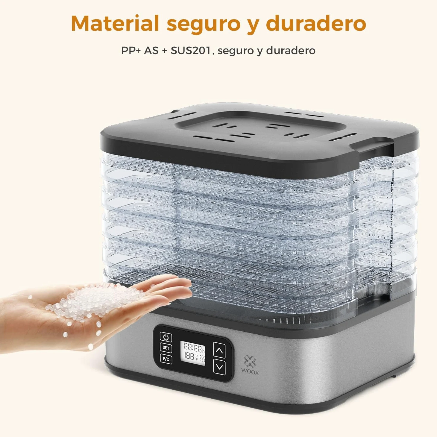 WOOX Deshidratador de Alimentos 240W, Deshidratador con 5 Bandejas Altura Regulable, Pantalla LED, Temporizador 99H y Temperatura Ajustable, Deshidratadora de Frutas y Verduras, Sin BPA