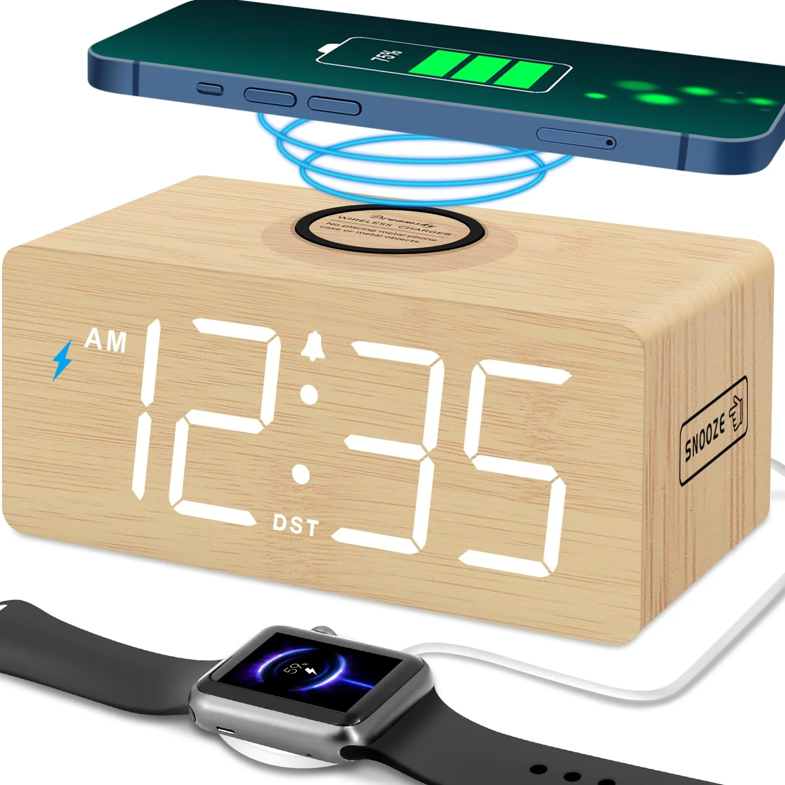 DreamSky Reloj despertador digital de madera con carga inalámbrica para dormitorio | Reloj de mesita de noche con estación de carga, puerto USB, números grandes, volumen ajustable, regulador de brillo, DST