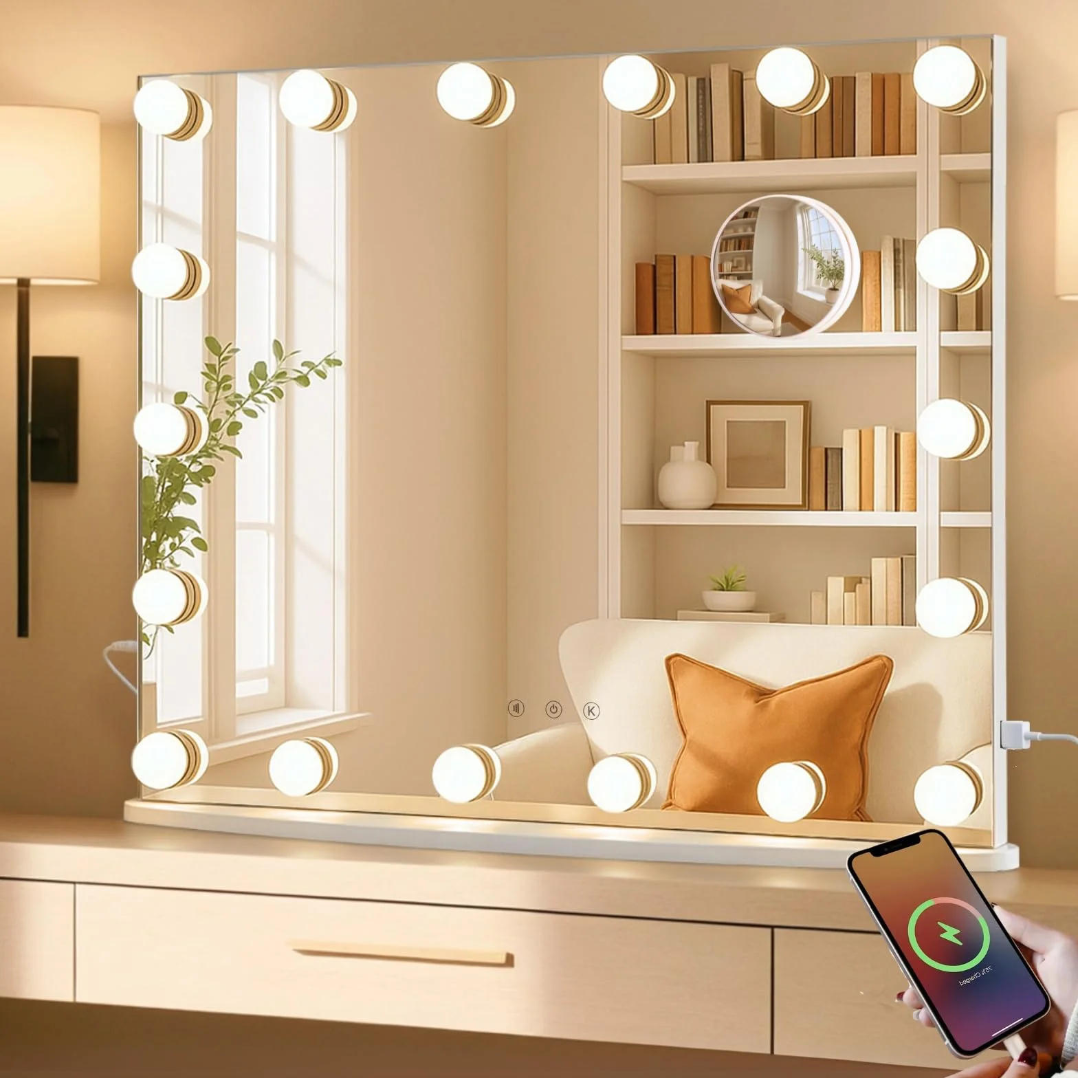 LUXFURNI - Espejo de cambiador de Hollywood de 26 x 21 pulgadas con luces, 18 bombillas LED con iluminación, espejo de maquillaje iluminado de 3 colores, mesa y montaje en pared, espejo de aumento de