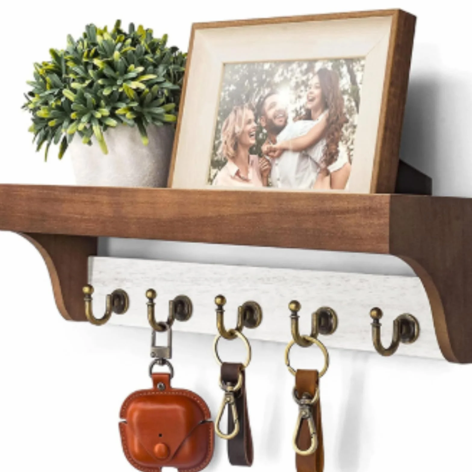 Colgador Llaves Pared, 5 Ganchos Cuelga Llaves con Estanteria, Portallaves de Madera, Decorativo Organizador llaves Estante Para Cartas para Entrada, Oficina, Cocina (Marrón)