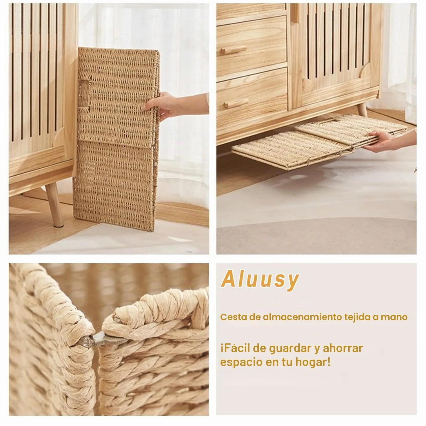2 Cestas de Almacenaje, Cesta Mimbre Tejidas a Mano Cubo 28CM, Cesta Grande Plegable de Papel de Jacinto de Agua con Asas, Cesto Decorativo para Baño Estanterías Kallax Cocina