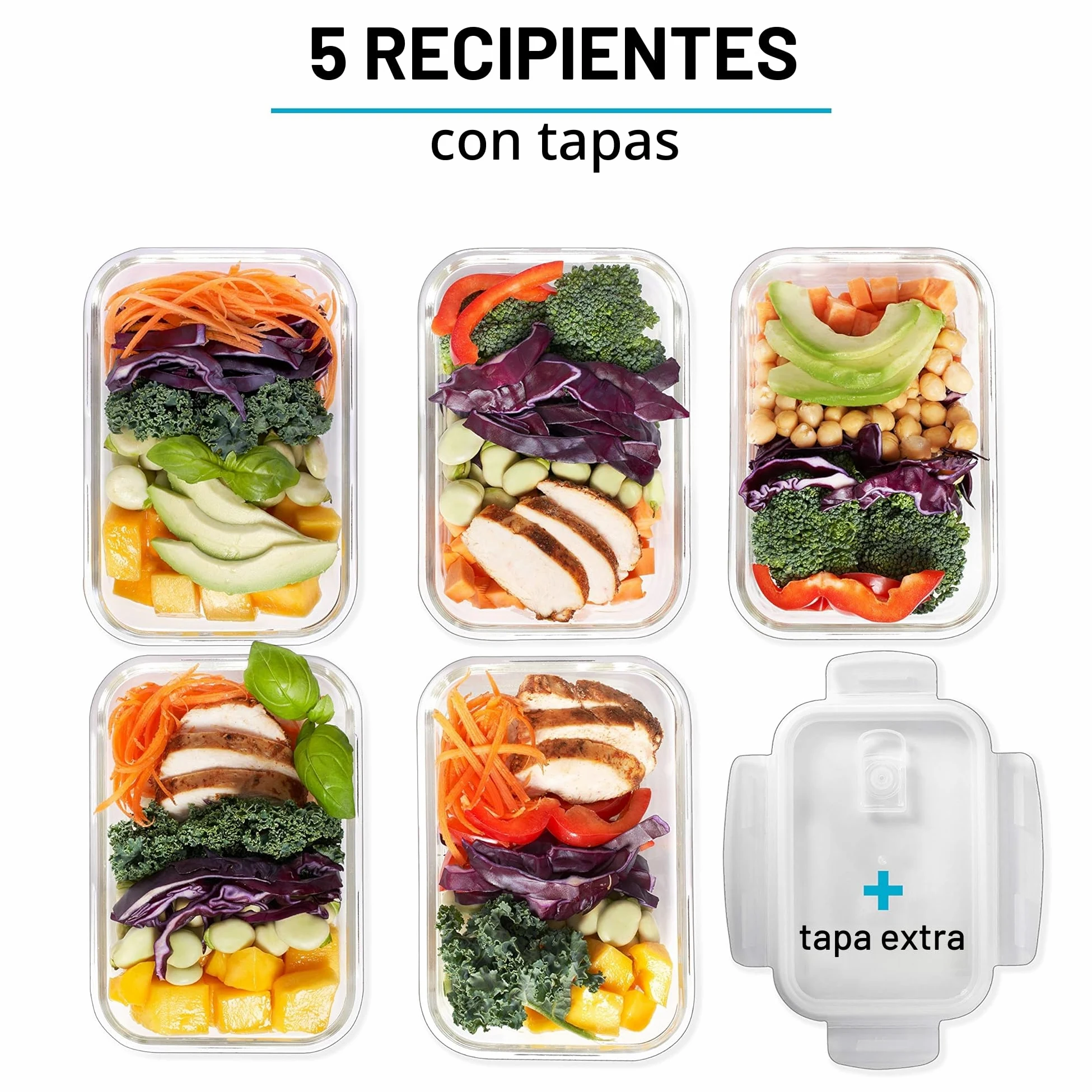 Igluu Meal Prep Recipientes de Cristal (Set de 5 y Tapa Extra) – 840ml | Rectángulo – Con Válvula de Ventilación, Sin BPA – Horno, Freidora de Aire, Microondas y Lavavajillas – Borosilicato