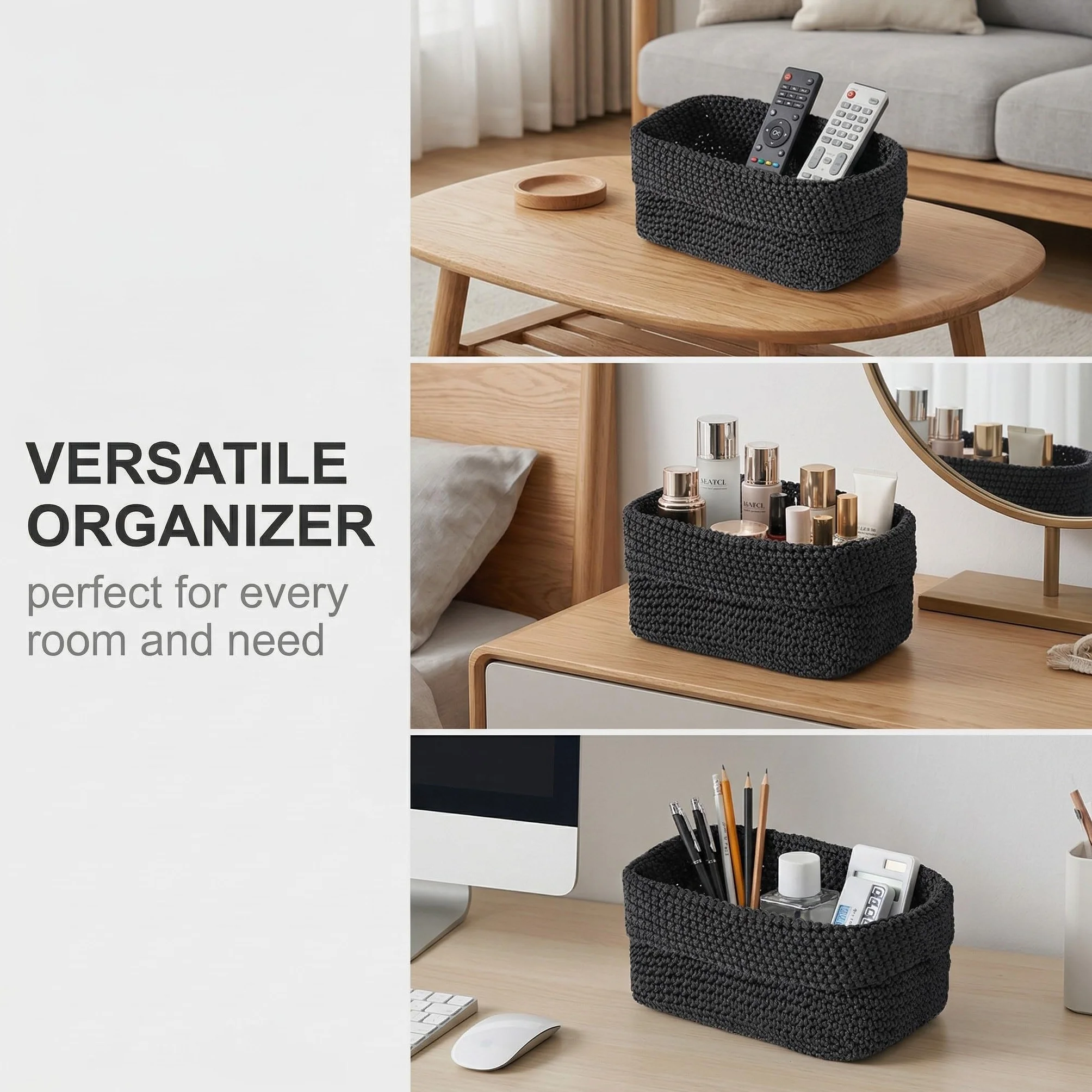 Cesta de Almacenamiento Negra Tejida a Mano en Cuerda de Algodón 21×13×15,5 cm Organizadora para Cocina Baño