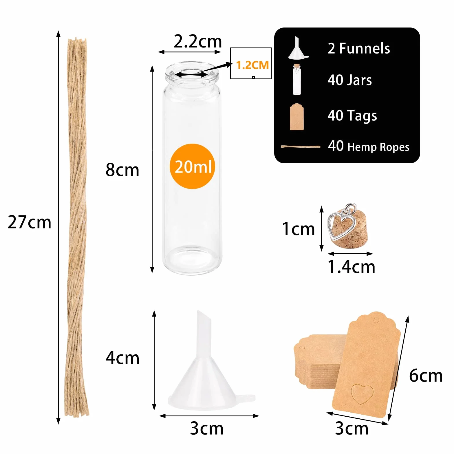 40 Piezas Mini Botellas de Cristal, 20ml Botes Cristal Pequeños con Tapon Corcho, Botellitas Frascos de Vidrio con Colgante en Forma de Corazón, Regalitos Invitados Bodas Decoración Fiesta