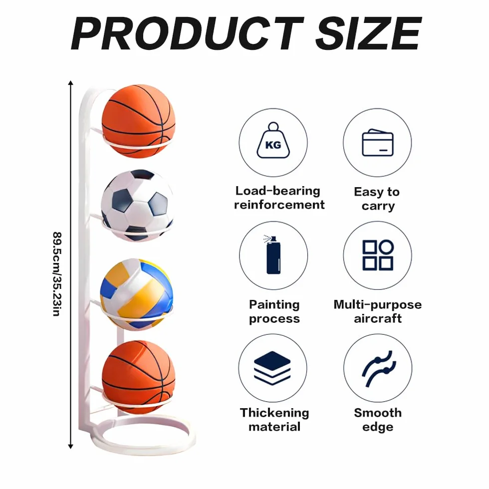 Estante de Almacenamiento de Pelotas 4 Niveles, Soporte Vertical Extraíble para Balón de Fútbol y Baloncesto