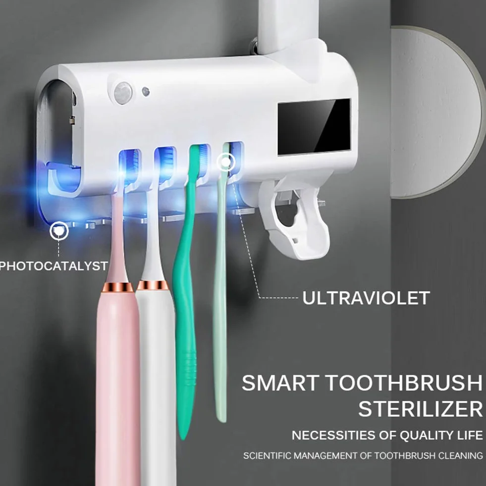 Soporte desinfectante para cepillos de dientes con dispensador automático de pasta de dientes, tecnología de inducción corporal, incluye 5 soportes esterilizadores para cepillos de dientes sin