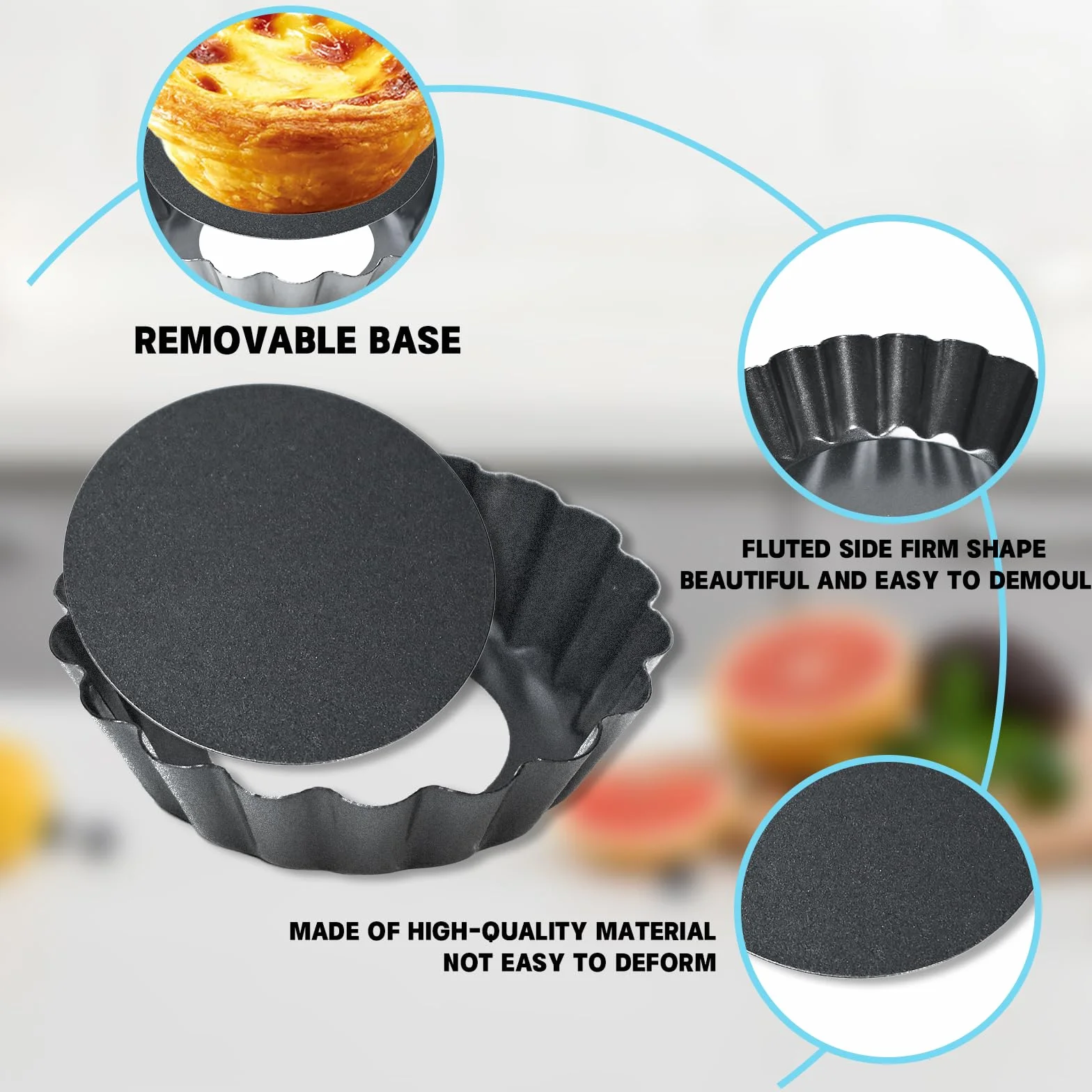 Molde para tartas con base elevadora, 12 unidades de 8 cm/3 pulgadas, revestimiento antiadherente, molde para quiche, molde para tartelette de acero al carbono, reutilizable, para hornear