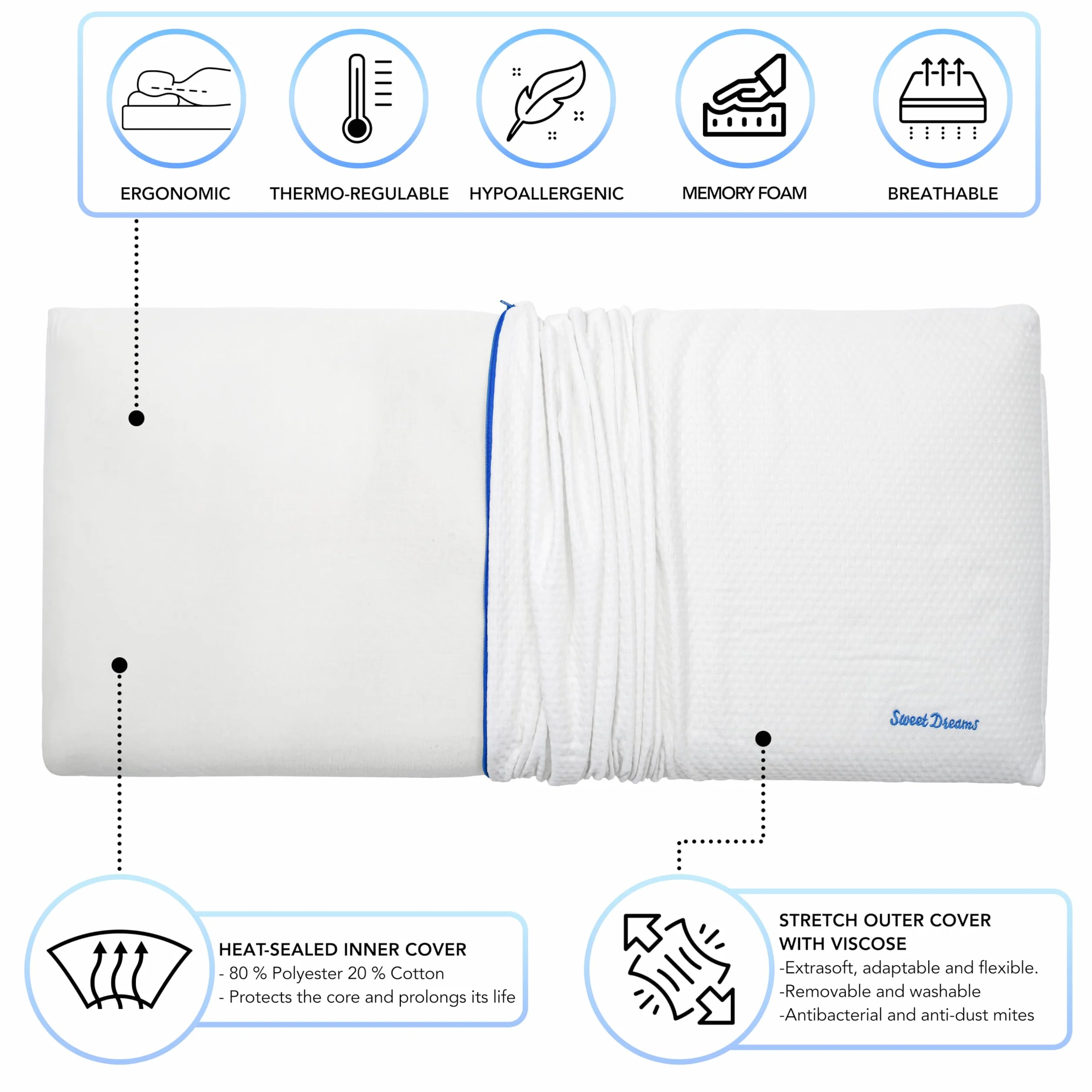 Almohada Infantil Viscoelástica 90 x 35 x 6,5 cm Ergonómica e Hipoalergénica Hecha en España Almohada Plana para Niños a Partir de 3 Años con Funda Stretch con Viscosa