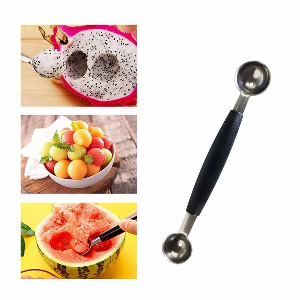 Cuchara de doble cara para frutas y melón, cortador de cuchara de acero inoxidable 2 en 1, 18 cm