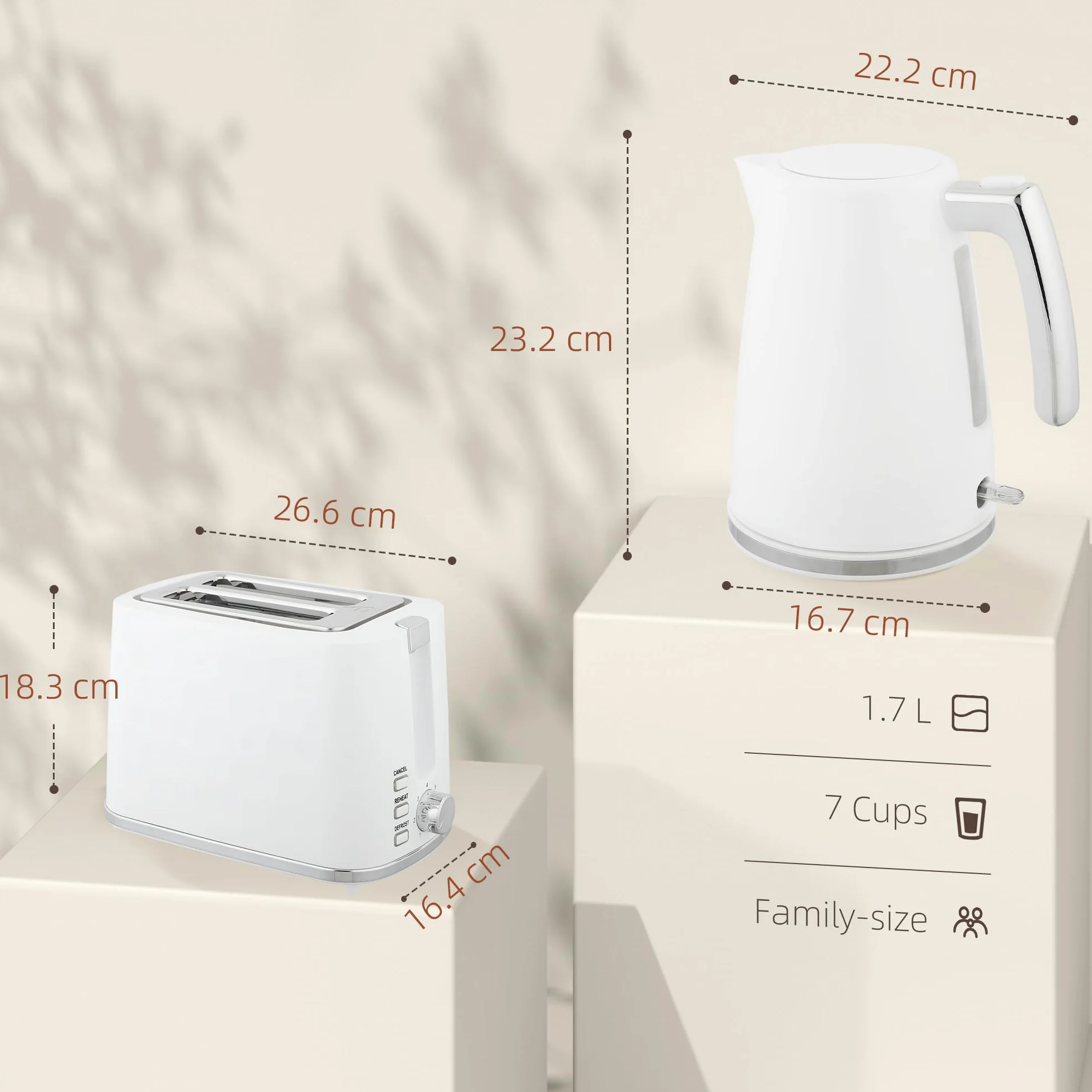 HOMCOM Juego de desayuno tostador de 2 rebanadas y ranura ancha con 7 niveles de tostado y bandeja recogemigas, Hervidor eléctrico de 1,7L 2200W con termostato Otter y filtro antical, Blanco