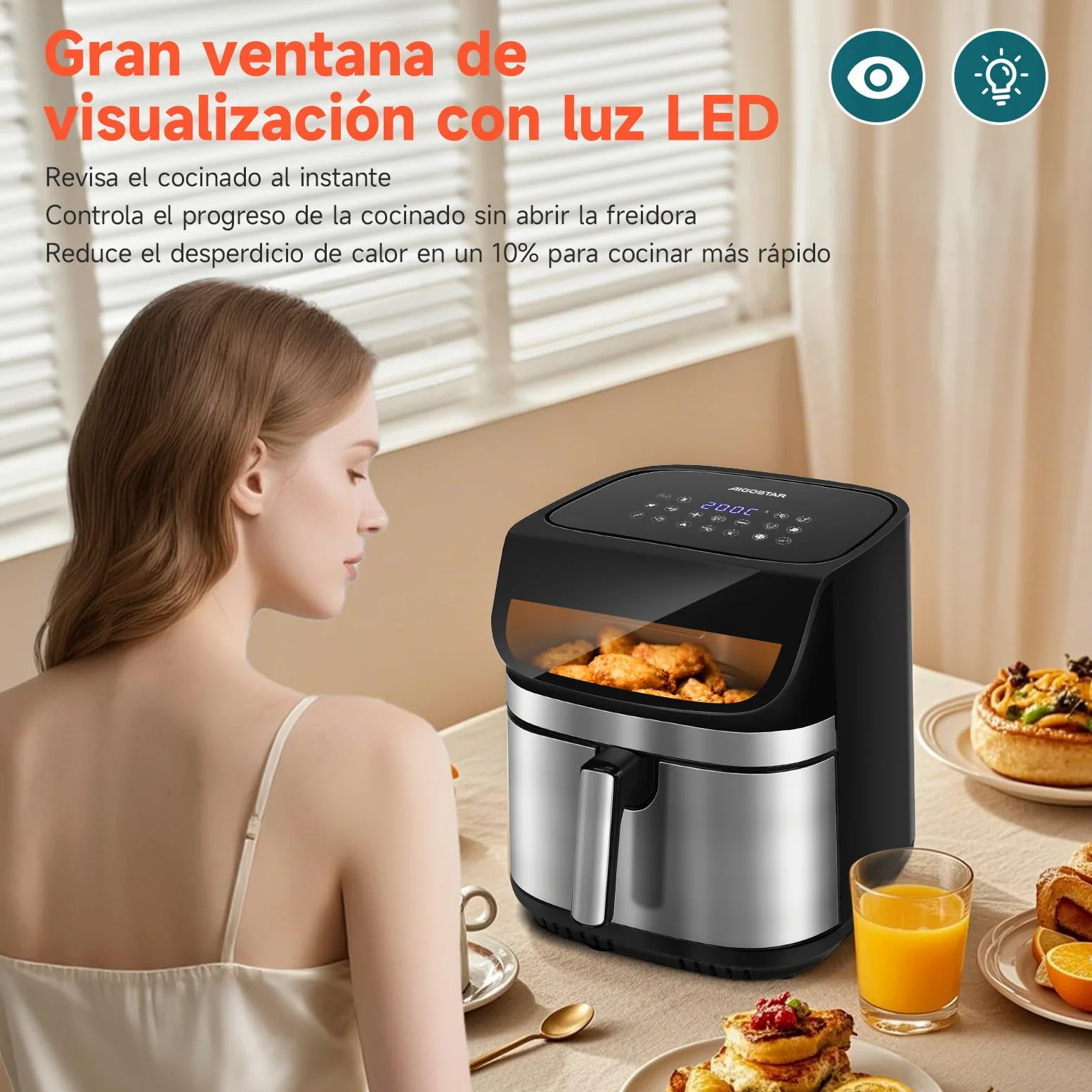 Aigostar Freidora de Aire XXL 8.8L Air Fryer 2200W, Doble Resistencia, 55% Menos Energía, Air Fryer con 13 Programas, Acero Inox Interior, Pantalla Táctil y Ventana, Comunidad Recetas, Negro
