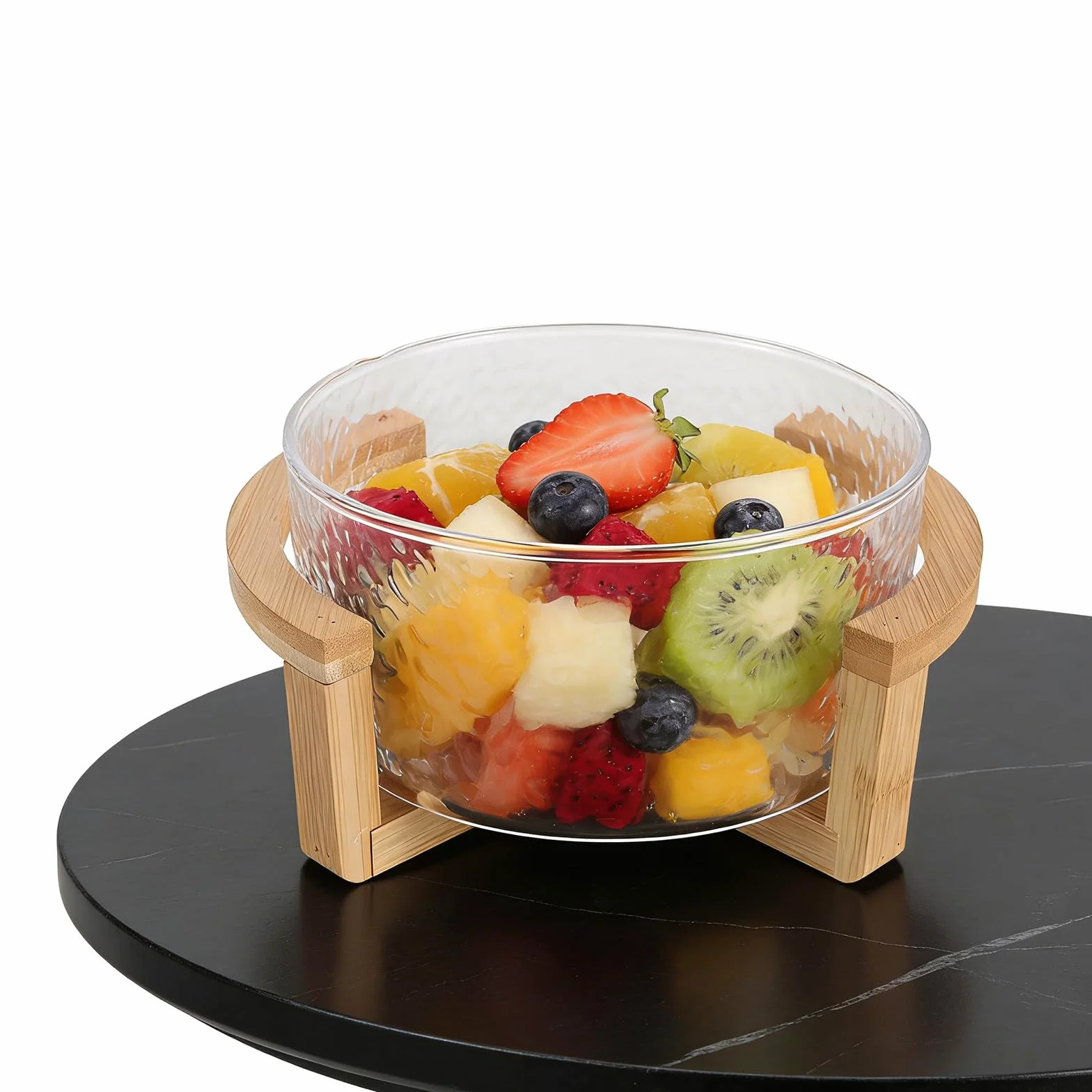 KALLORY Bol de Ensalada de Vidrio con Diseño Ondulado y Soporte de Bambú, Versátil para Servir y Fácil de Manejar en Reuniones al Aire Libre o Fiestas Emergentes
