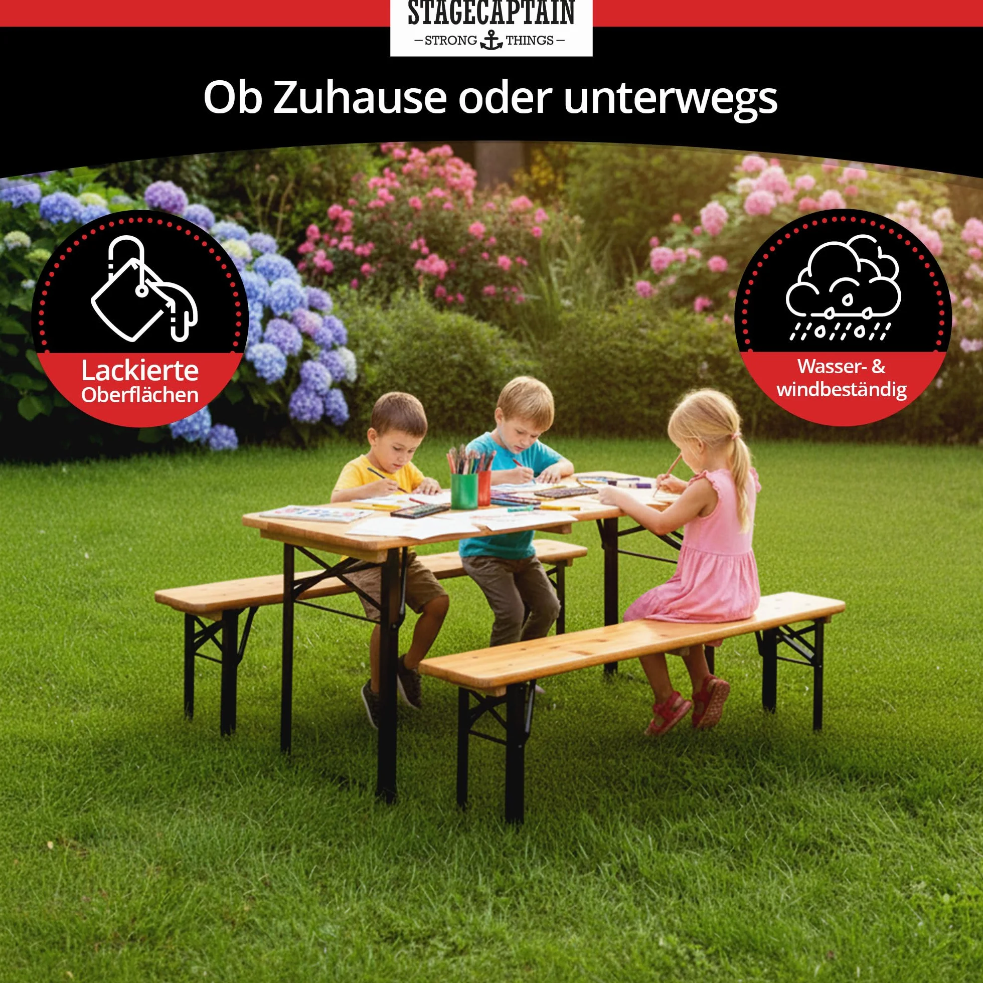 Stagecaptain BBK-110 Hirschgarten - Conjunto Infantil Plegable 110 cm: 1 Mesa + 2 Bancos de Madera, Festivo, Interior/Exterior, Acabado Natural