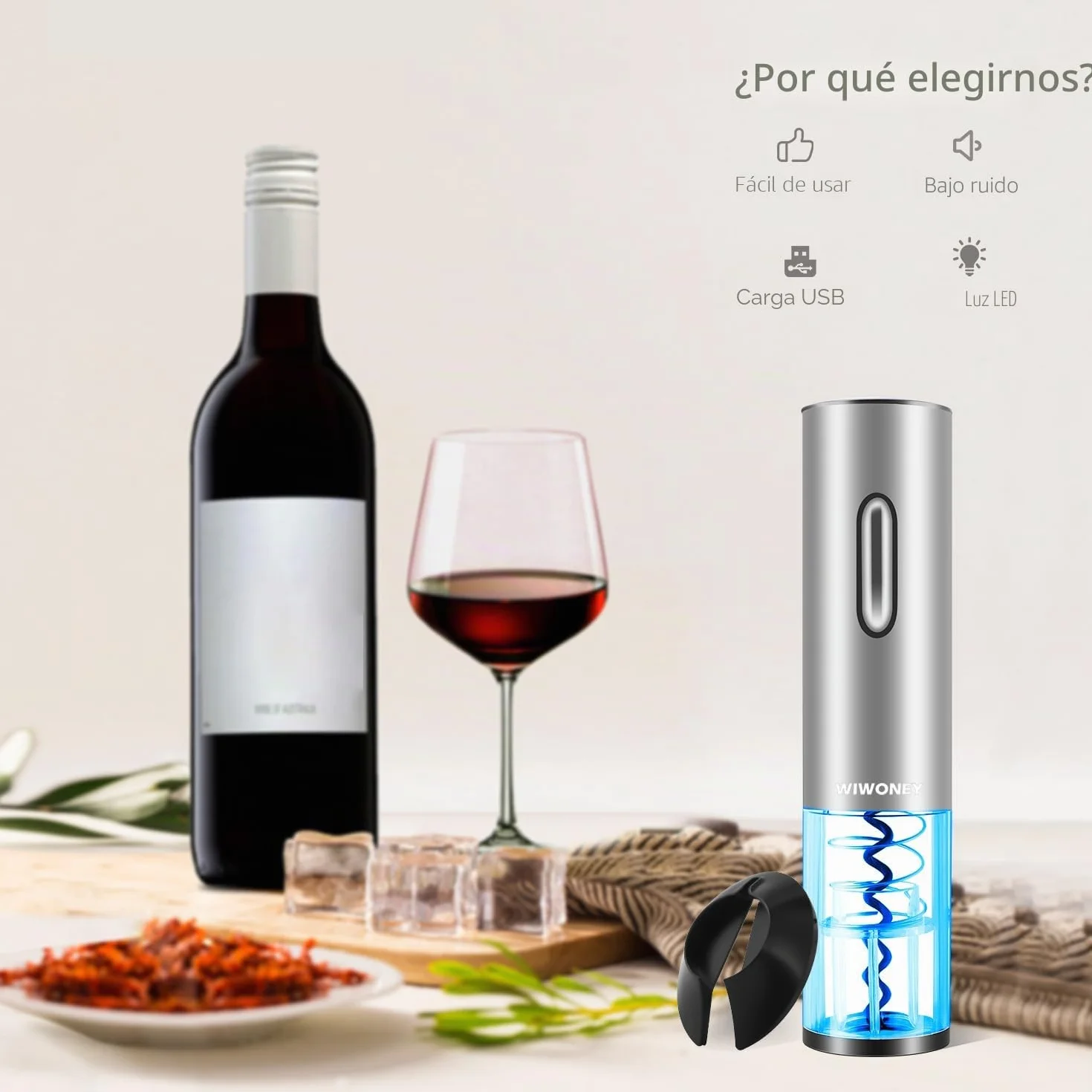 Sacacorchos Eléctrico, Abridor Botellas de Vino Profesional, Sacacorchos Eléctrico de Acero Inoxidable con Puerto de Carga USB, Cortador de Cápsulas, Tapón de Vacío y Vertedor
