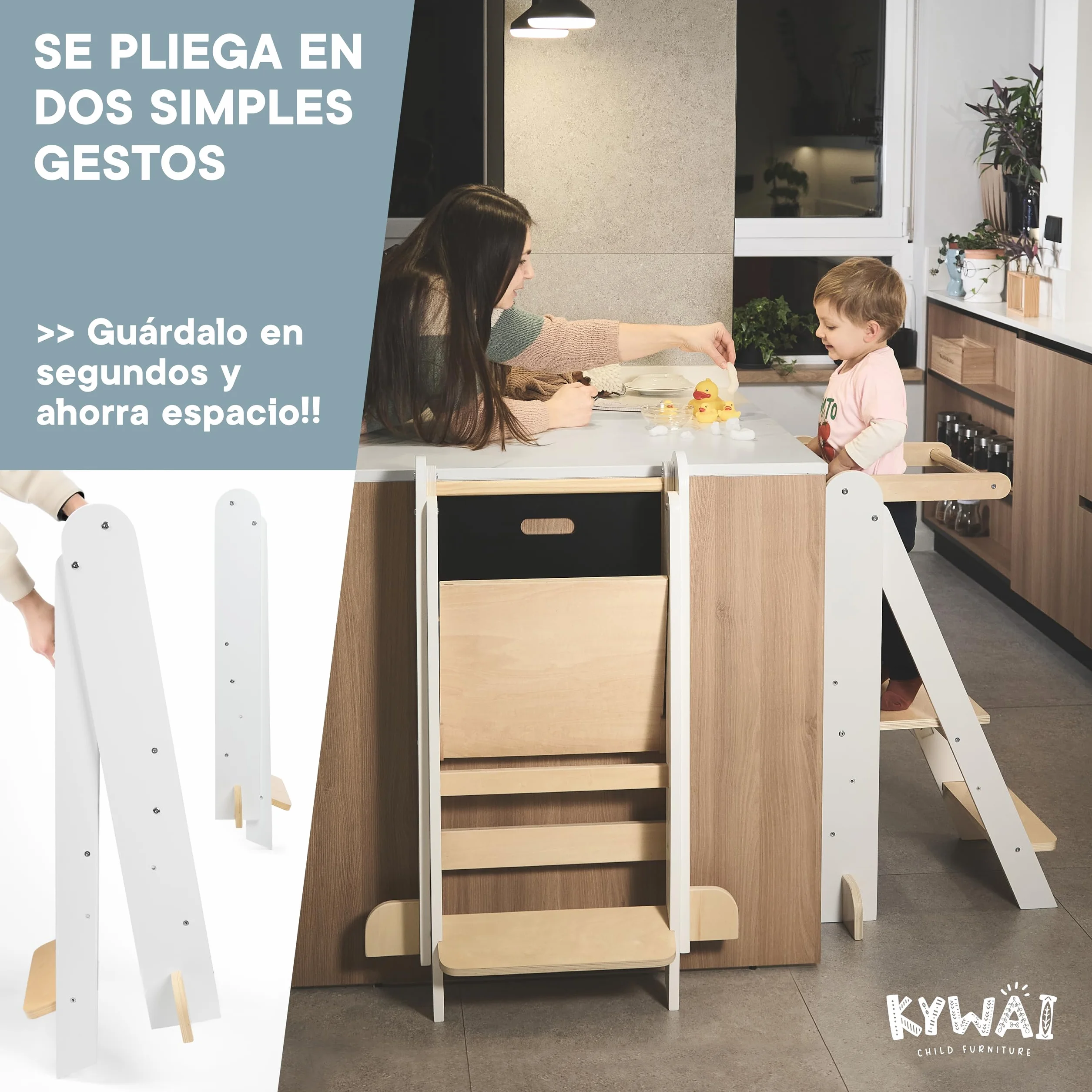 Torre de Aprendizaje Plegable Premium, Ajustable 2 Alturas, Diseño Nórdico con Pizarra Desmontable, Patas Anticaída