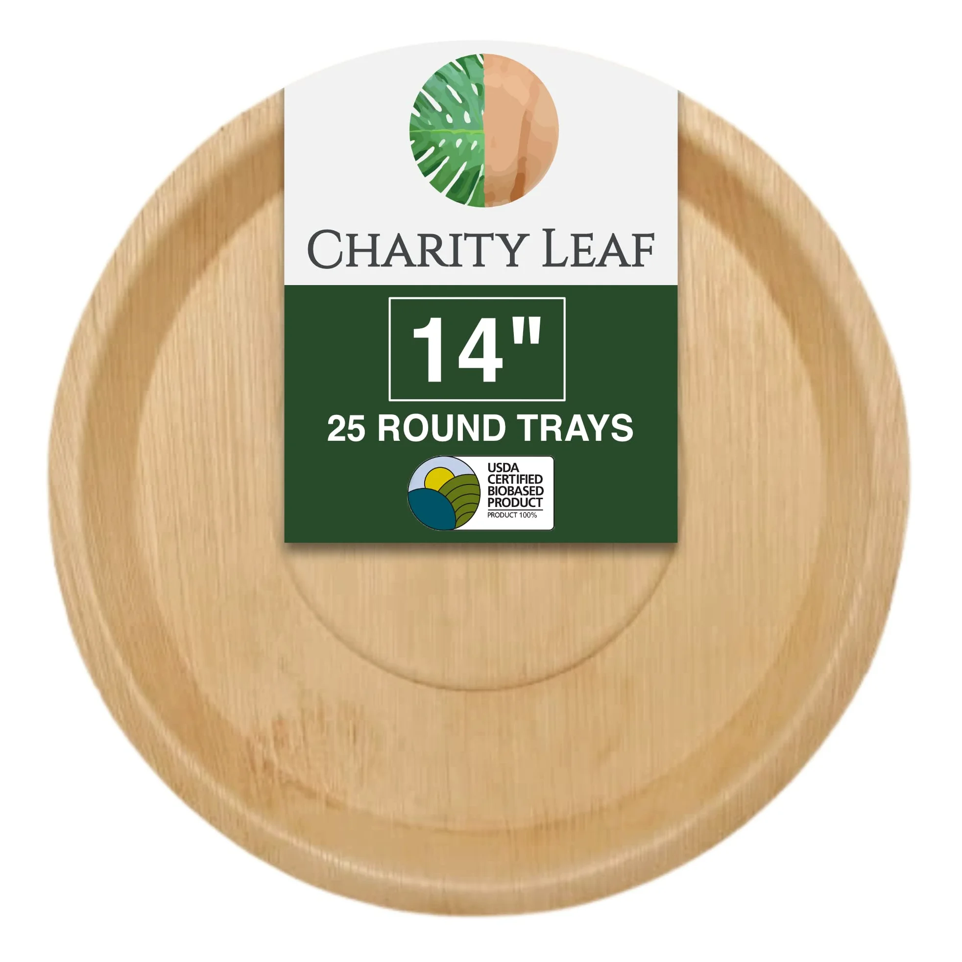 Charity Leaf Bandejas redondas desechables de hoja de palma de 14 pulgadas (25 piezas) platos para servir como bambú, tablas desechables, vajilla ecológica para bodas, catering, eventos