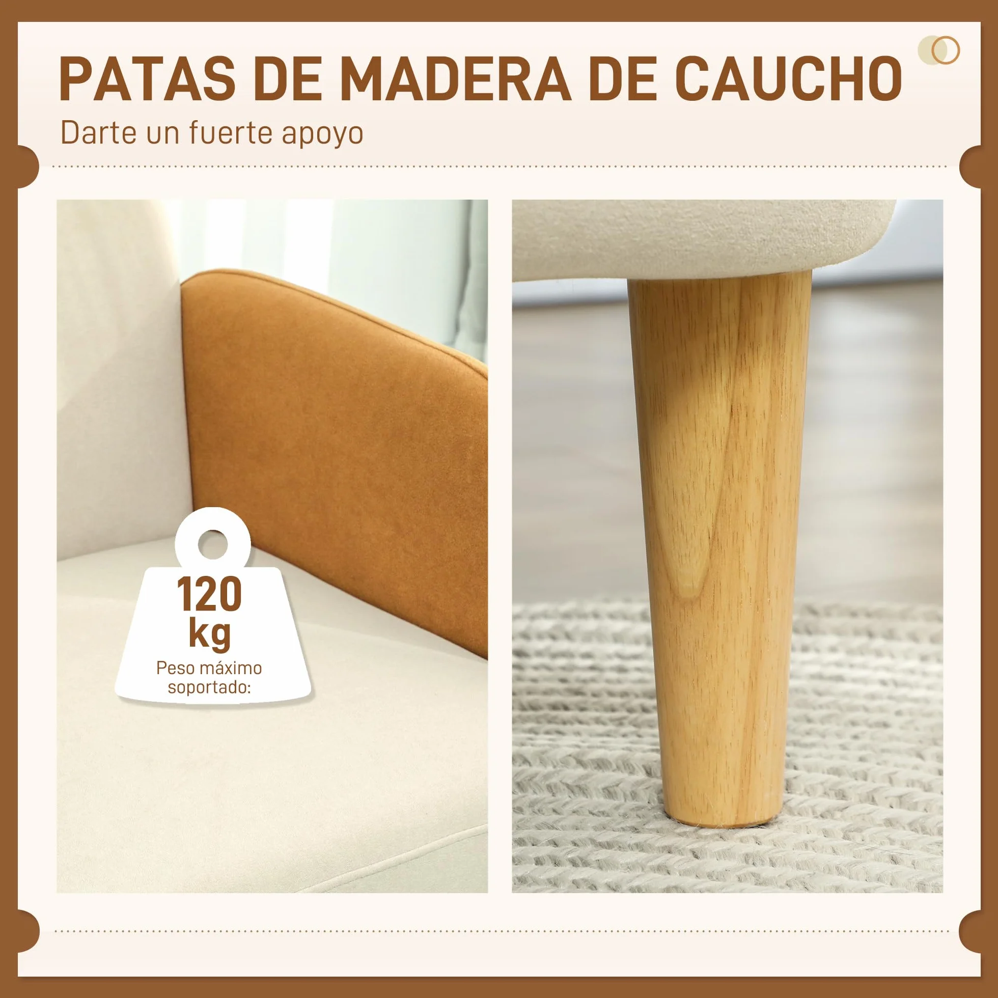 HOMCOM Sillón de Salón Nórdico Butaca para Dormitorio con Reposabrazos y Patas de Madera Sofá Individual Carga 120 kg para Oficina Sala de Estar Beige y Ocre