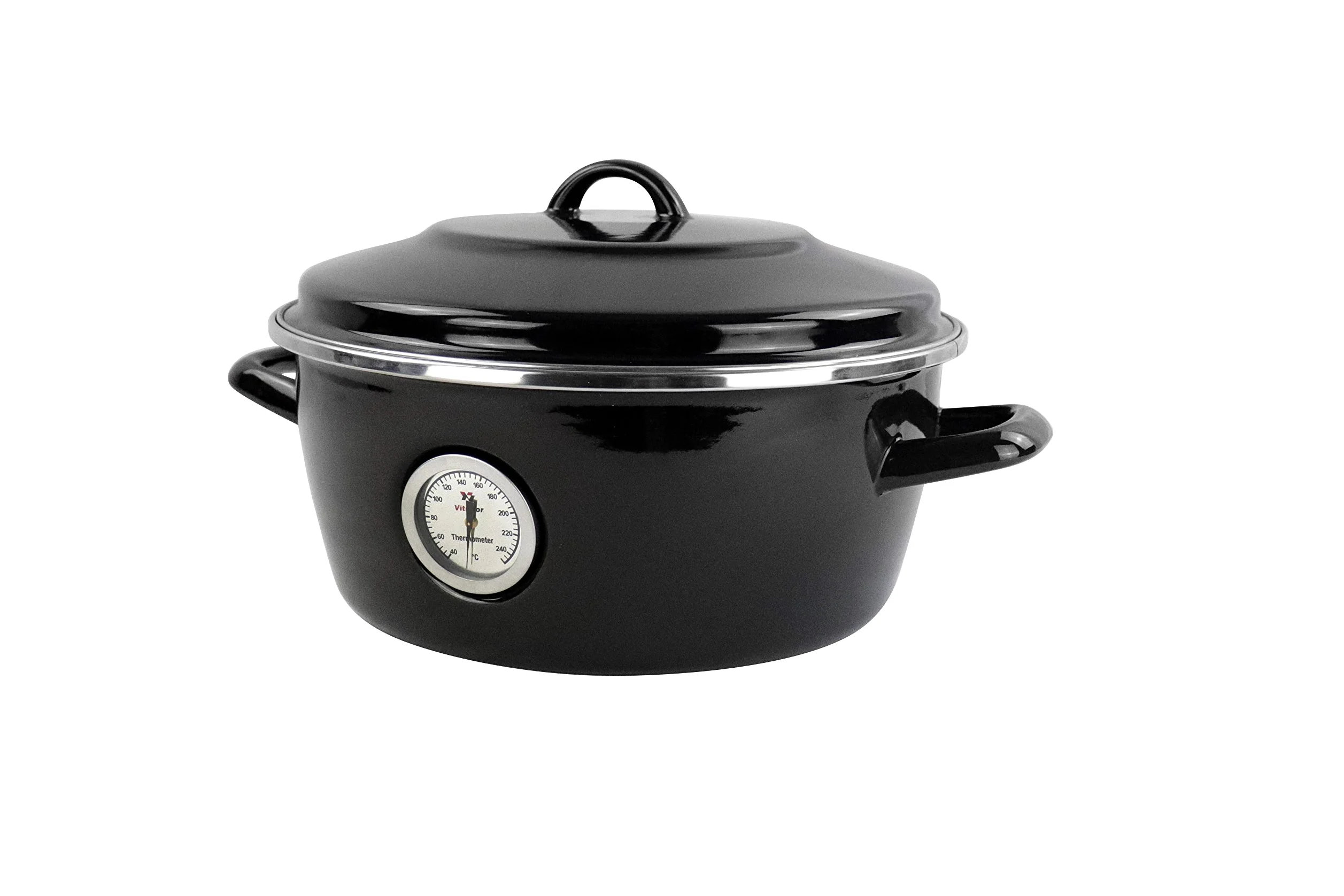 Dutch Oven Magefesa Negro de 26cm. Fabricado en España. Material de acero esmaltado con termómetro incorporado y recubrimiento antiadherente. Herrajes y tapas especiales para horno.