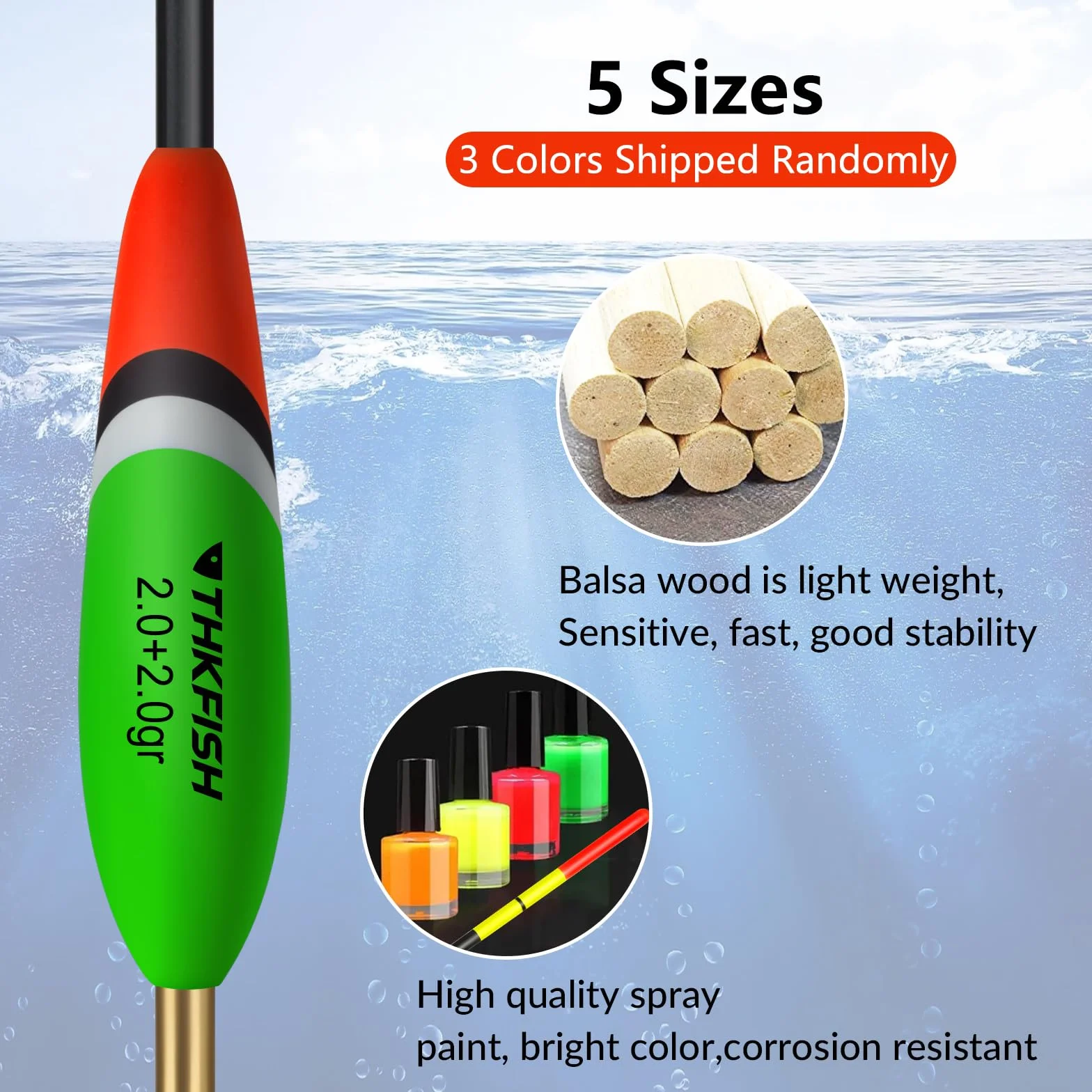 THKFISH Juego de 5 flotadores de Pesca de Madera Colores Vivos 2,5+3g 2,5+2,5g 2,0g 2,0+2,0g