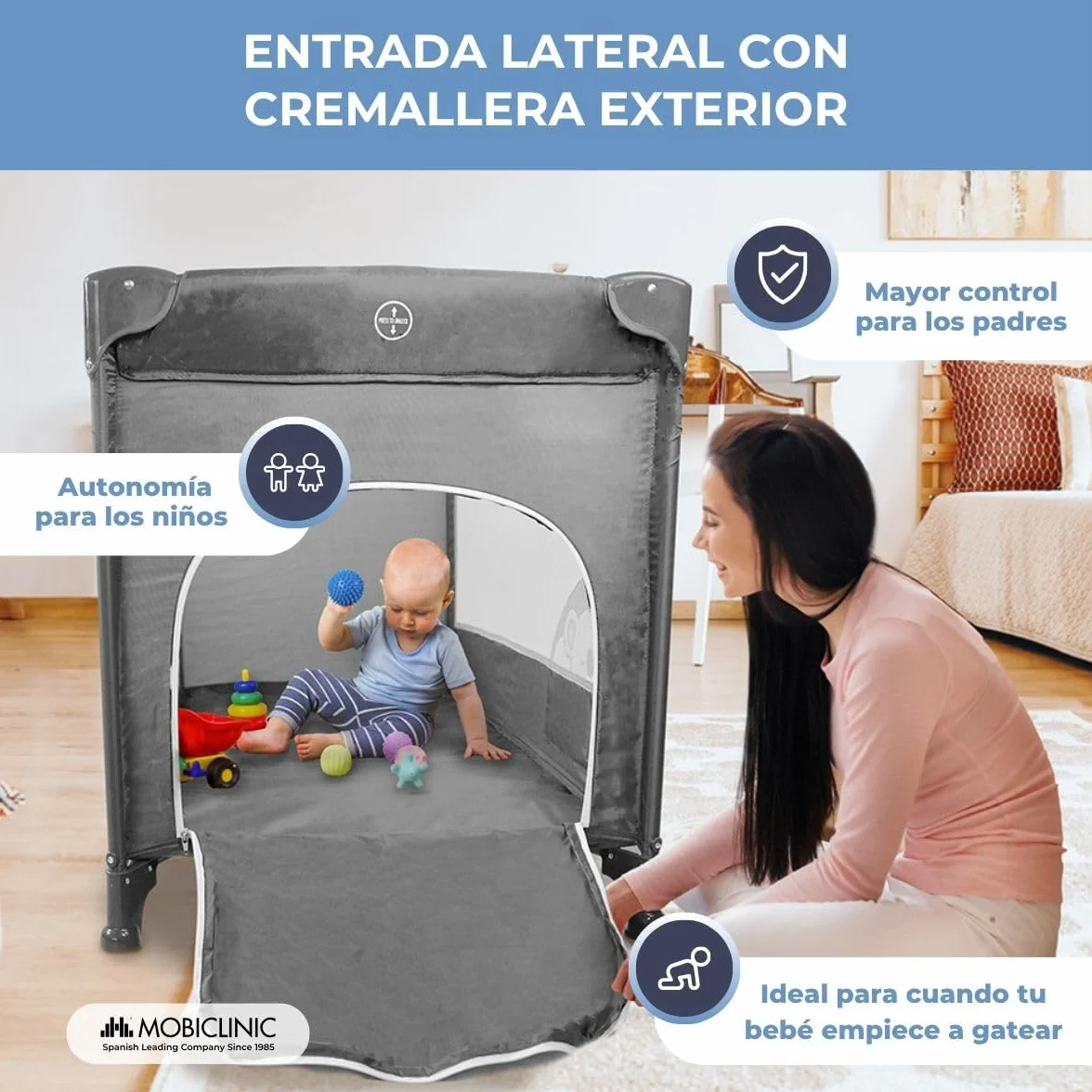 Mobiclinic Cuna de Viaje Bolsa Transporte 2 en 1 Plegado ultracompacto Colchón extraíble hasta 15kg Tela Transpirable Entrada Lateral con Cremallera Parque bebé Ruedas Gris