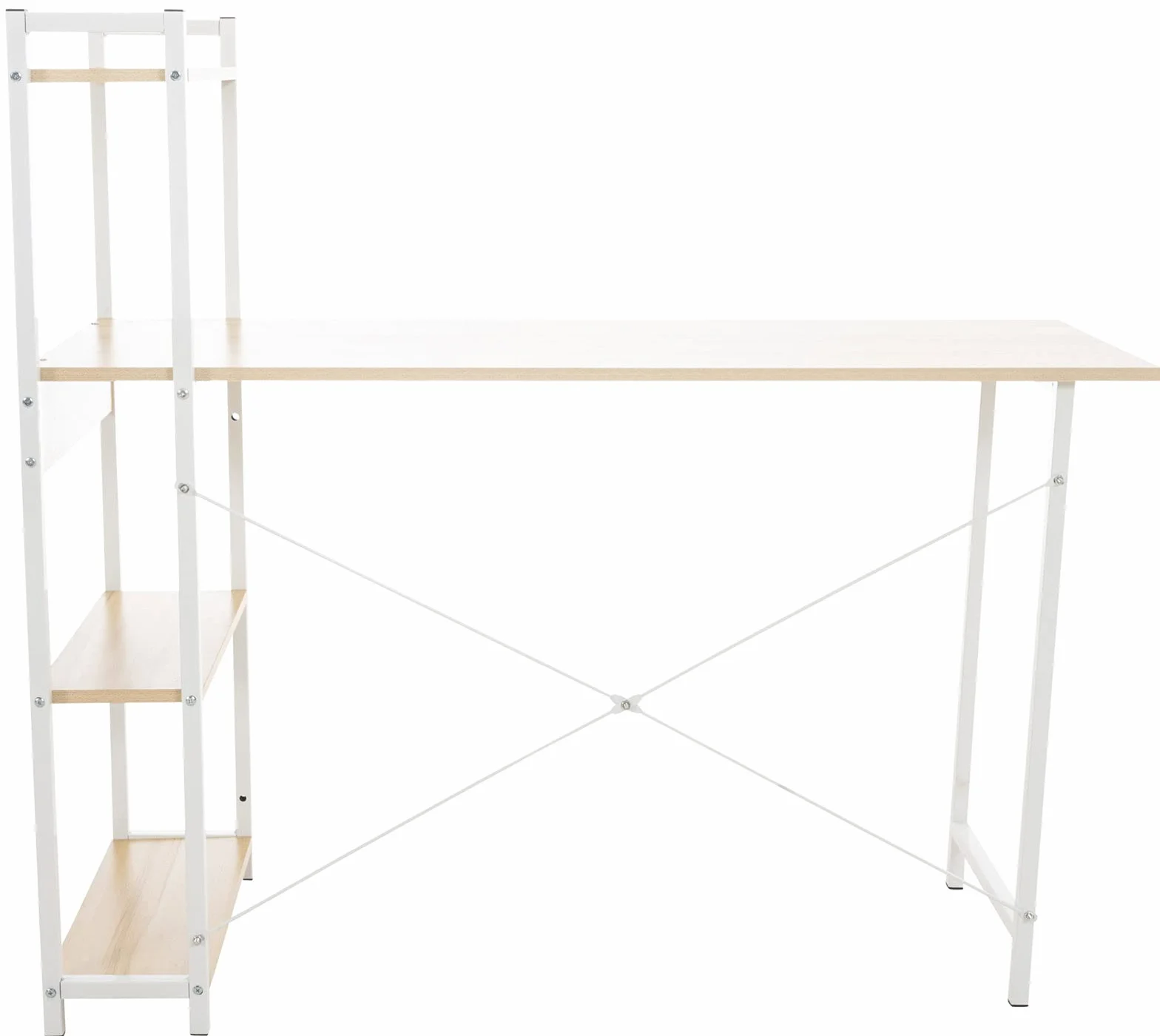 CLP Escritorio PoE De Madera con Estantería Lateral Movible I Mesa De Estudio con Estructura Metálica & 4 Estantes, Color:Arce