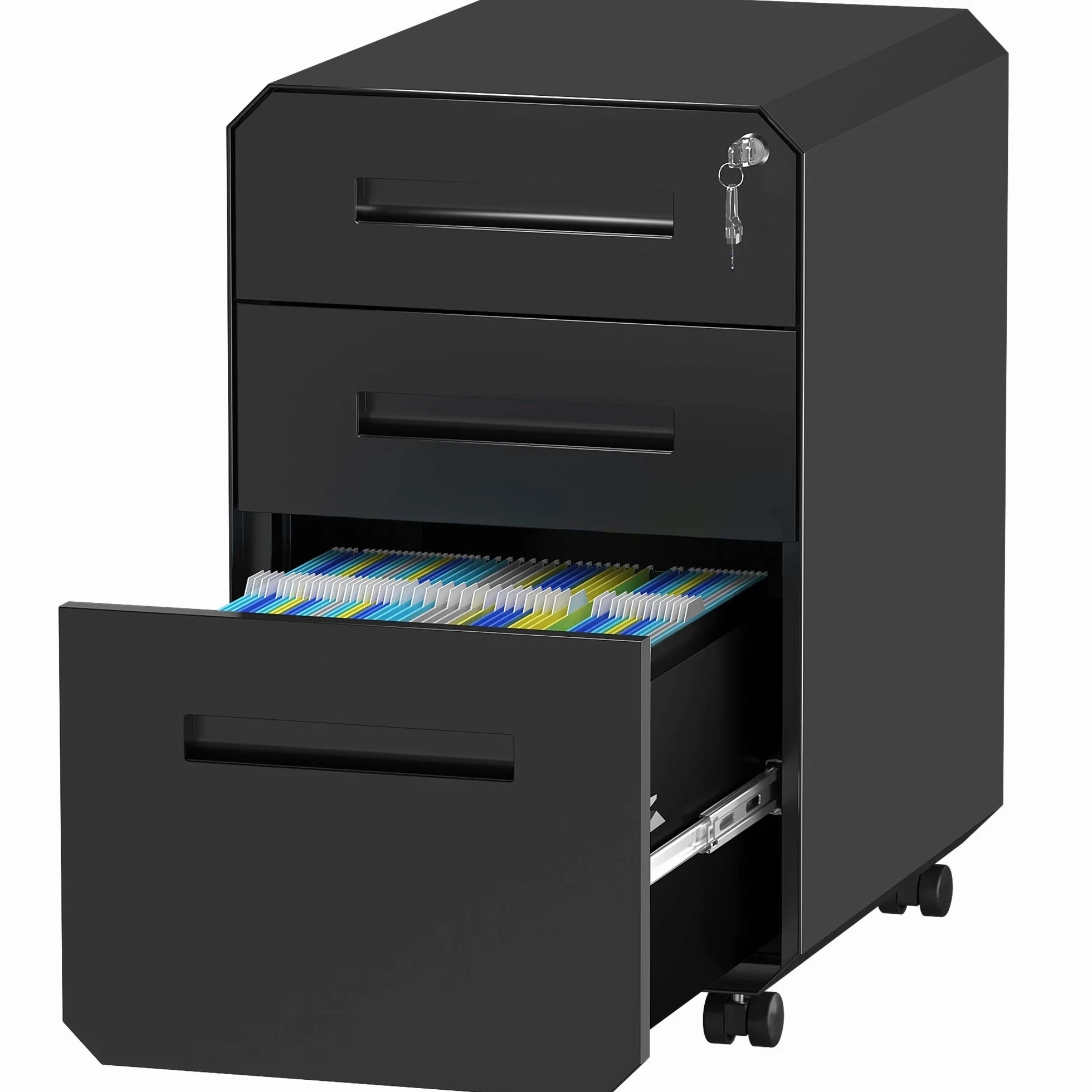 YITAHOME Armario Archivador con 3 Cajones, Cajonera de Oficina Móvil con Ruedas, Metalico Mueble Oficina Archivador con Cerradura y Llave para Carta/A4, Negro, 51 x 40 x 64cm